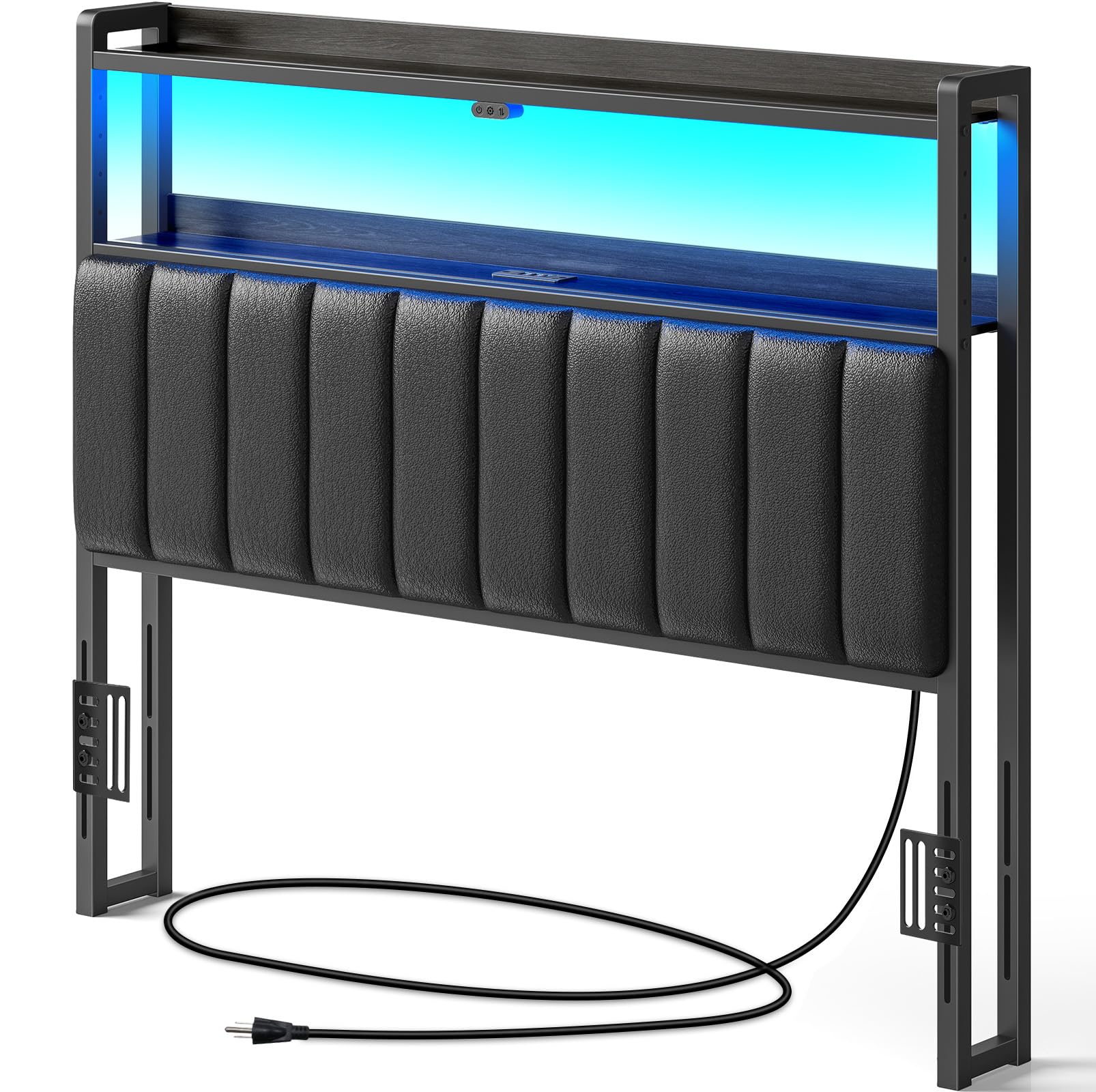 RolanstarHeadboard for Full Size Bed with Storage, 60,000 DIY Color of LED Light, Head Board with USB & Type C Port, Height Adjustable, Black Upholstered Cabeceras de Cama Comfortable Modern, Leather