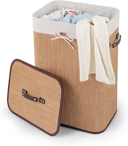 GOFLAME Cesta portátil de bambú para ropa sucia, cesta de almacenamiento de ropa sucia con tapa y forro extraíble, gran contenedor de ropa con asas,