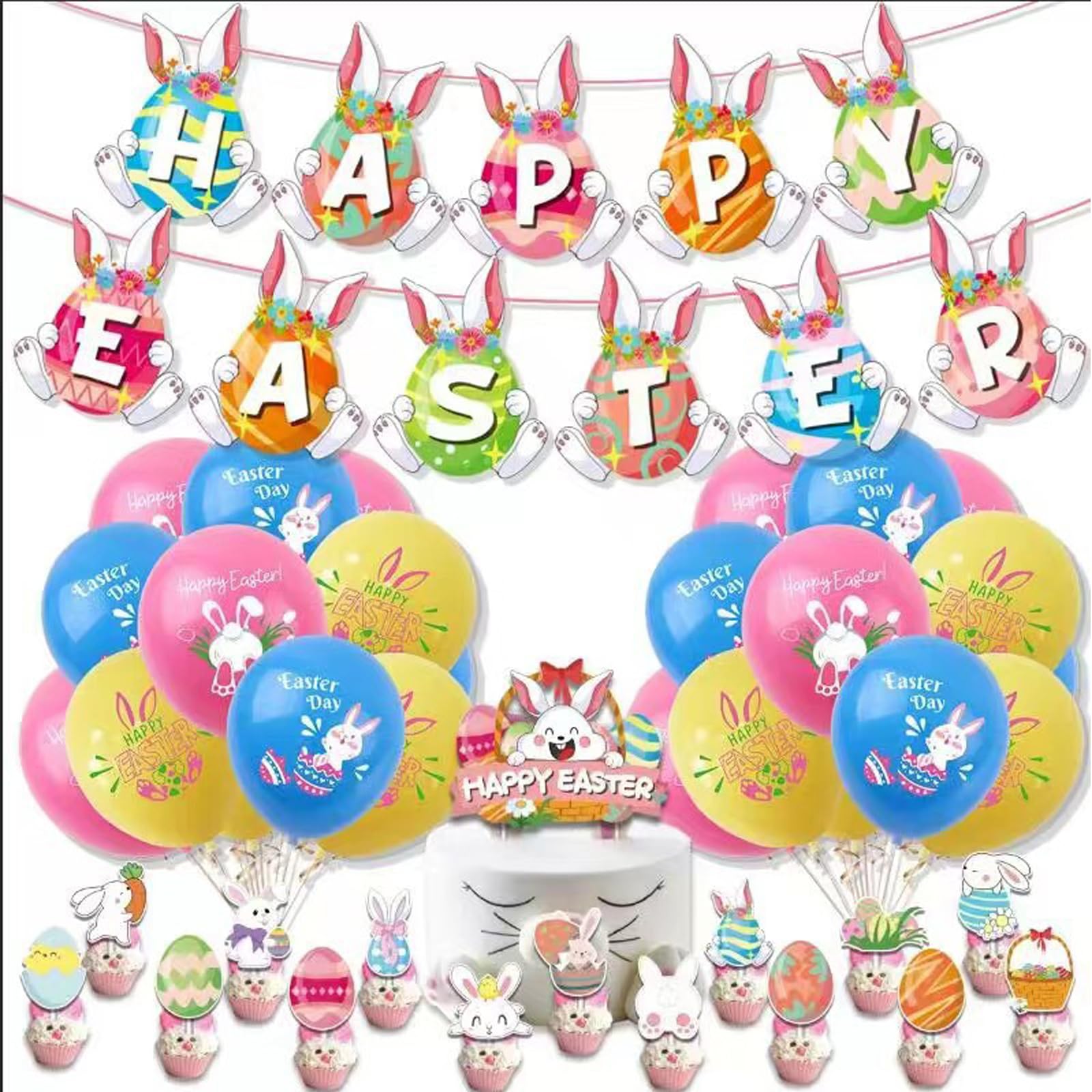 ALEGRERabbit Easter Decoration Set, Easter Bunny Balloons Birthday, Easter Decoration with Happy Easter Banner, Rabbit Helium Balloon and Cupcake Topper, Easter Balloons for Children's Birthday