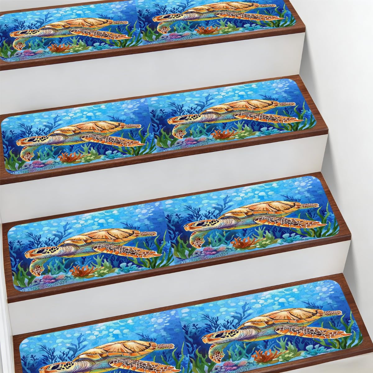 Alfombra para escaleras Mexpekil de 7.8x30" con tortugas de acuarela