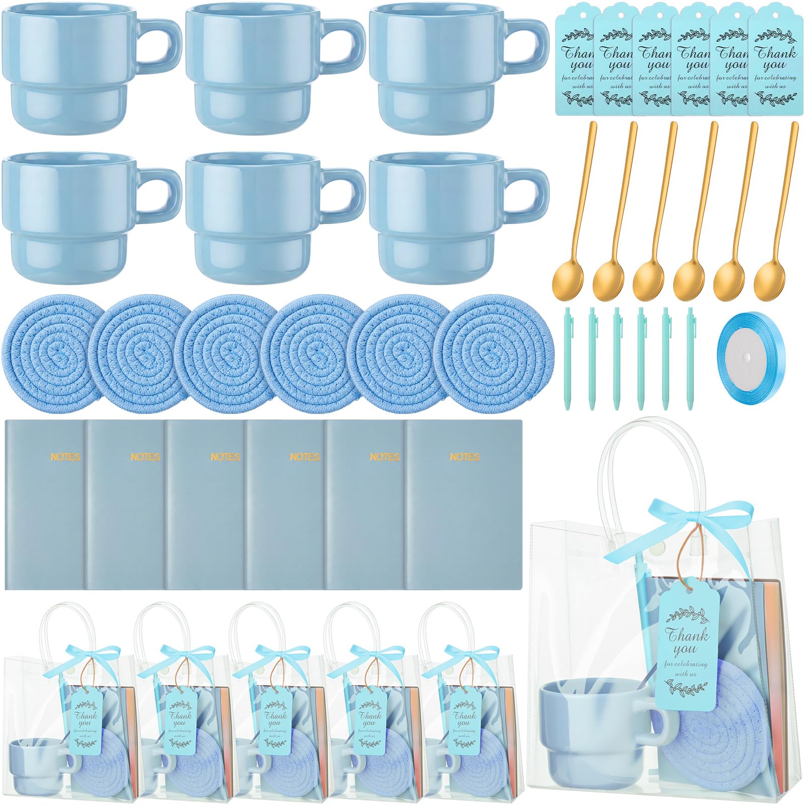 43 premios de juego para baby shower para ganadores del juego, regalos de baby shower, incluyendo tazas de cerámica con cucharas, posavasos tejidos y bolsas de regalo para cuaderno, tarjeta