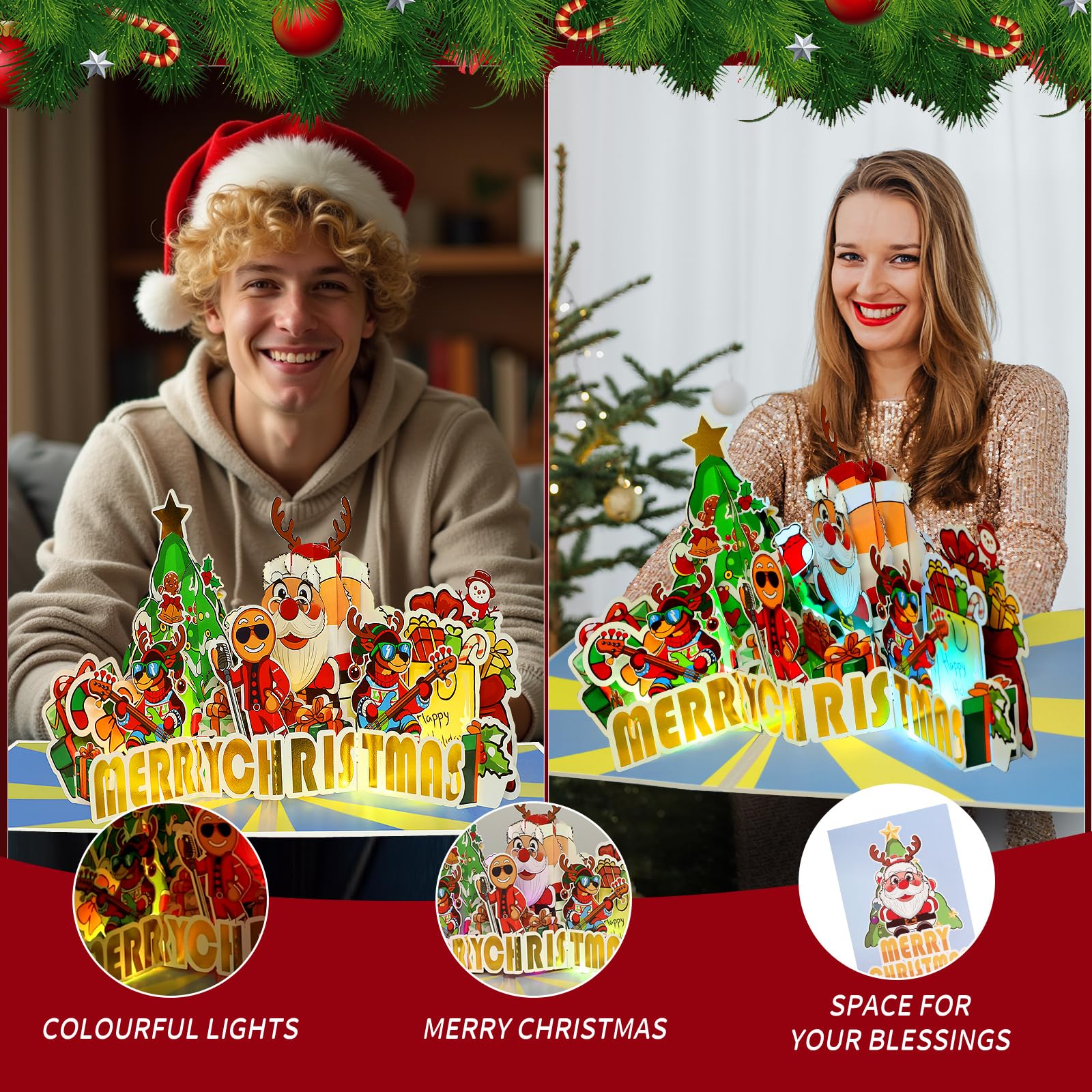 Christmas Card, Musical Merry Christmas Card w Light for Kids 3D Pop-up Santa Christmas Cards for Women/Men - Image 3