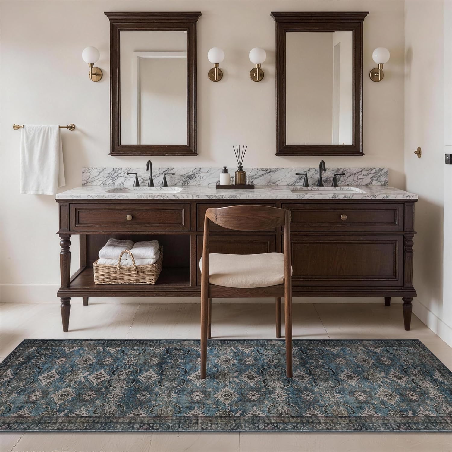Blue Runner Rugs for Hallway: 2x8 Washable Long Rug for Entryway Kitchen Bathroom Bedroom Indoor Non-Slip - Vintage Home Decor Mat Carpet 2x8