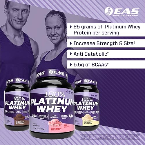 Miniatura 3 de EAS 100% proteína de suero de platino  3 proteínas de suero ultra platino  Aumenta el tamaño y la fuerza  0.88oz de proteína, 0.19oz de BCAA  2