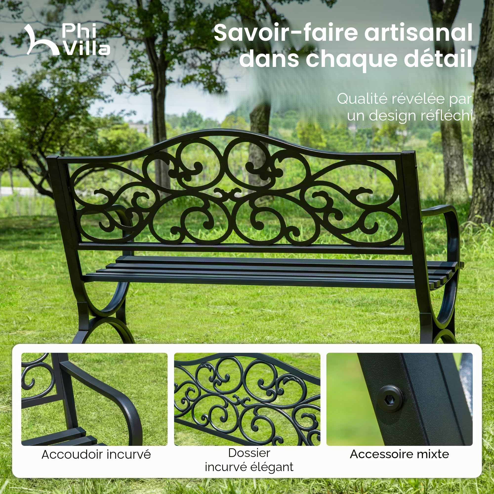PHI VILLA Banc de jardin résistant aux intempéries en métal fonte avec cadre en acier - 2 à 3 places - Avec dossier à design floral - Pour parc, jardin et terrasse
