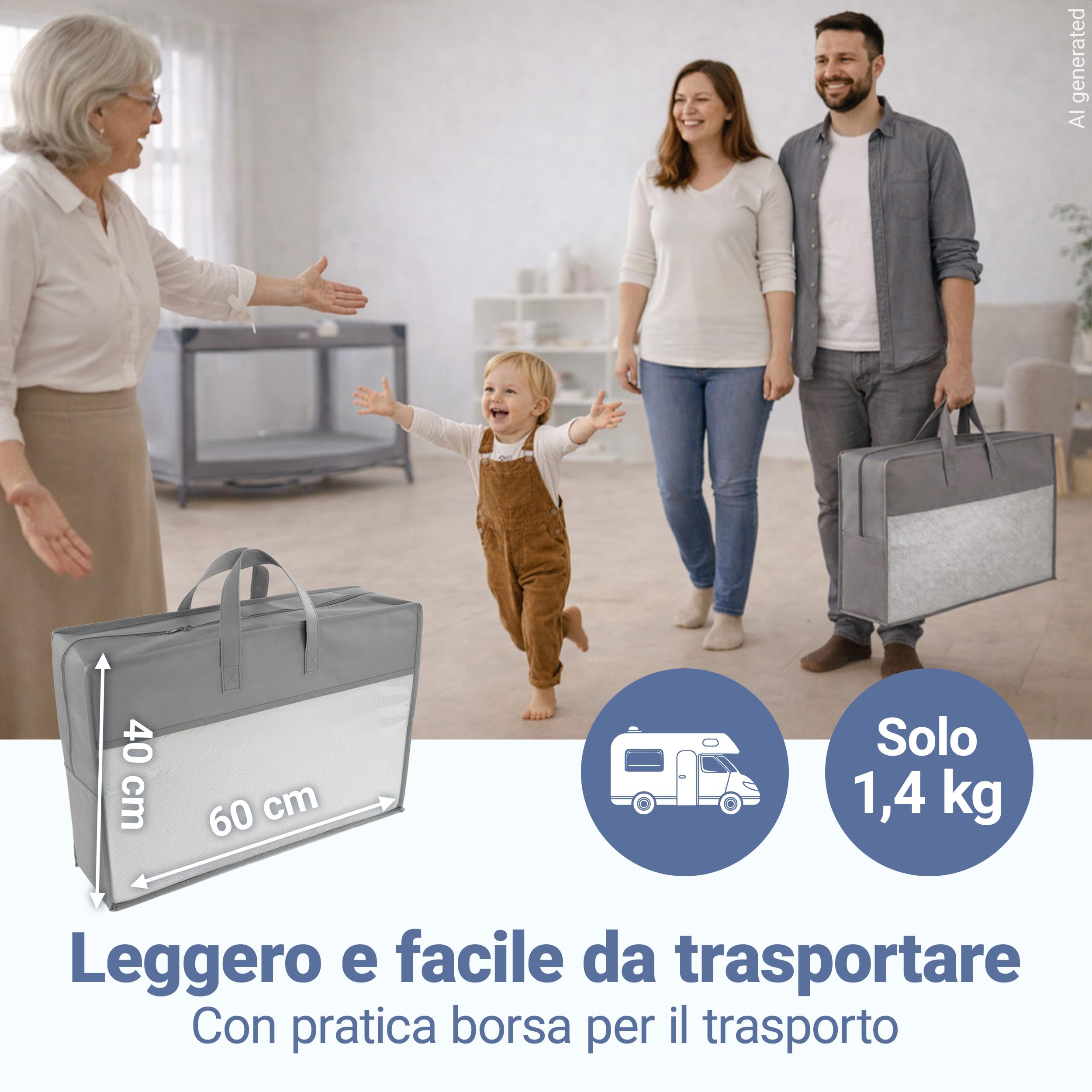 LaLoona Materassino da Viaggio 60x120 cm - Materasso Pieghevole Neonato 5 cm Spessore – con Fodera Sfoderabile - Borsa Trasporto - Traspirante - Lavabile - Certificato OEKO-TEX - Grigio