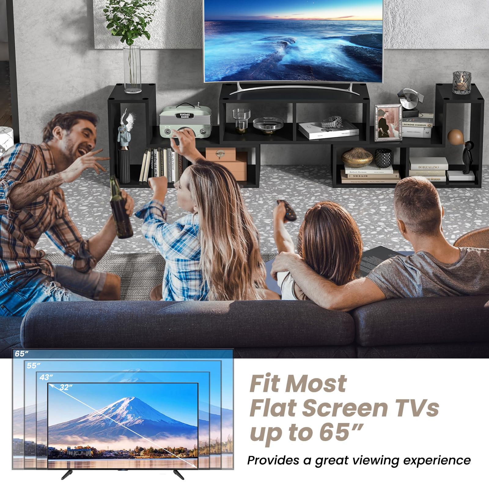 GIANTEX Mobile TV con Ripiani Aperti, Supporto per TV Moderno Fino a 65 Pollici, Ideale per Soggiorno,Camera, 2 Colori,134-180x30x43 cm (Nero)