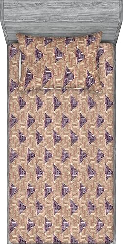 Miniatura 56 de Ambesonne Geometric Fitted Sheet & Pillow Sham Set, Minimalist Vibe Retro Pattern of Waves and Circles Scandinavian, Decorative Printed 3 Piece Pale