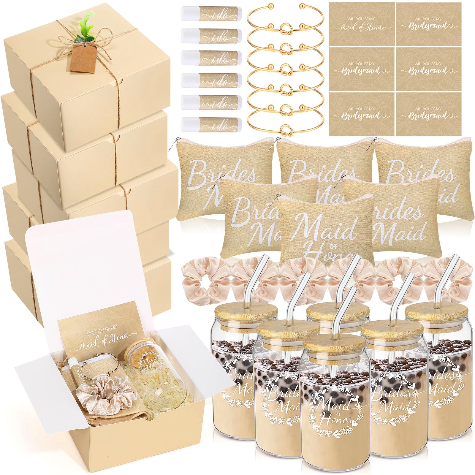 FillTouch 54 Pcs Bridesmaid Proposal Gifts, Maid of Honor Gift Include Wedding Gift Box Makeup Bag Invited Card Glass Cup Lip Balm Scrunchie Bracelet