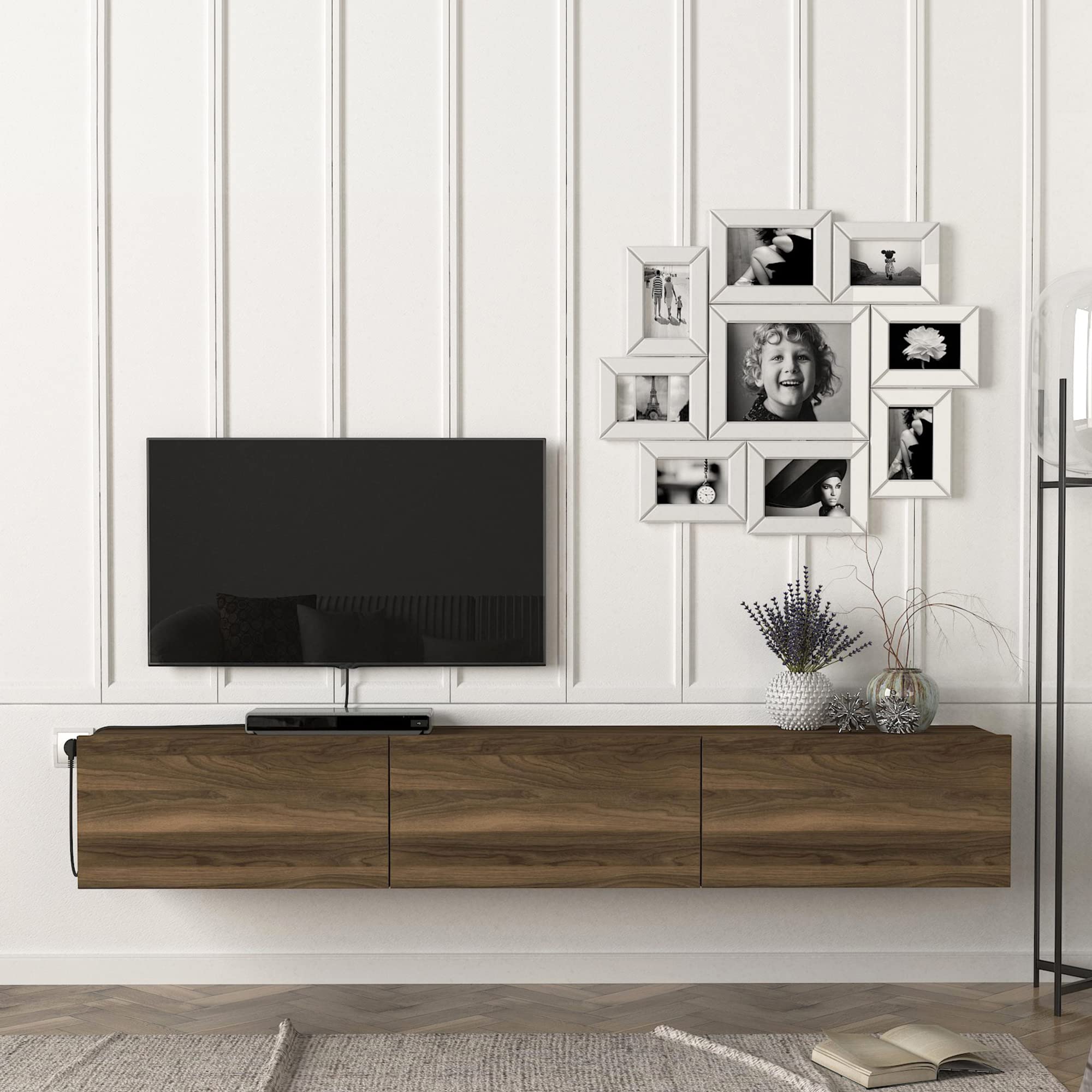 [en.casa] Meuble TV Mural Support Télé Suspendu avec Étagères Fermées Espace de Rangement Flottante pour Salon Banc Télévision Panneau de Particules 180 x 31 x 29,5 cm Effet Noyer