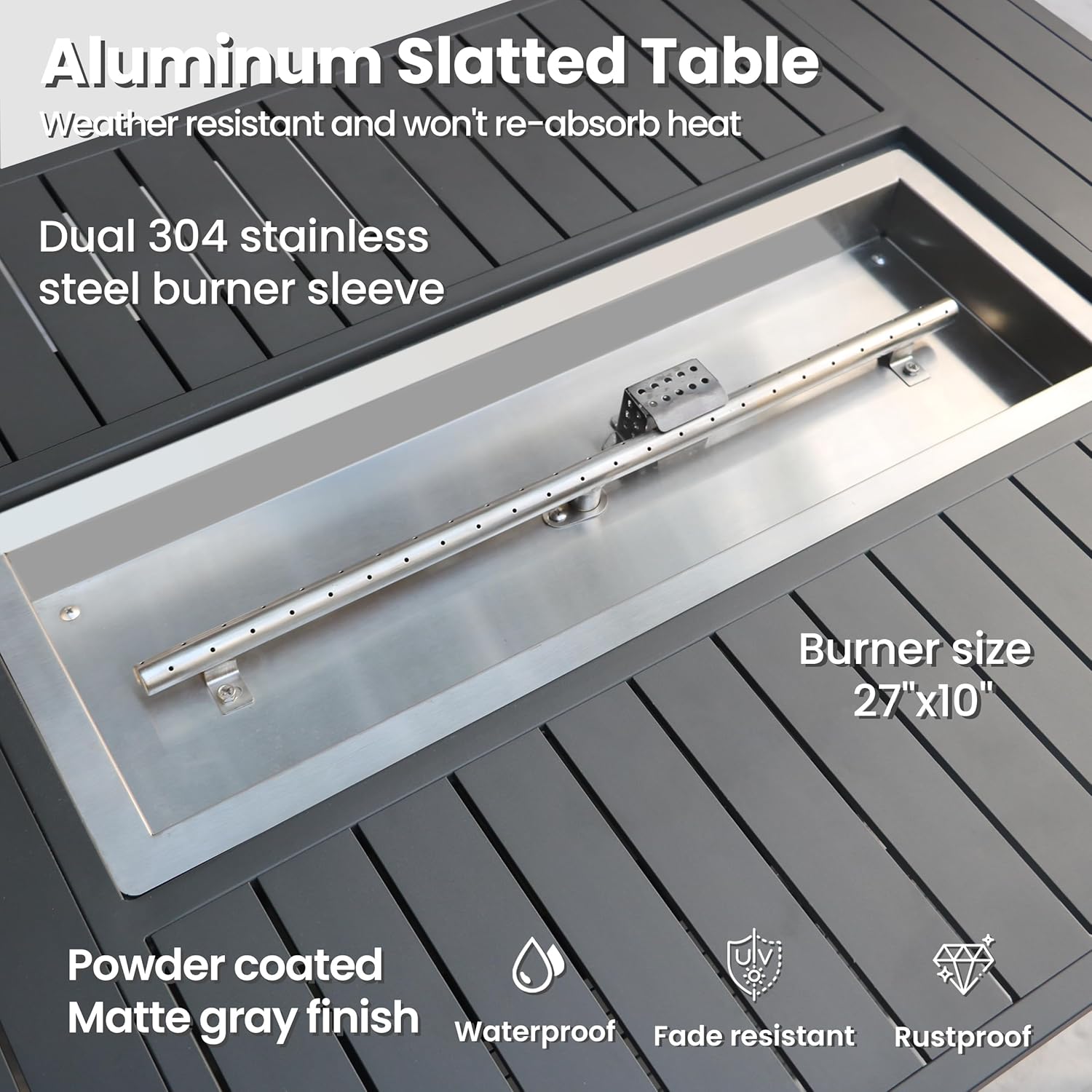 Rectangle Propane Fire Pit Table: 43'' Patio Gas Fire Table 50000 BTU - Rustproof Aluminum Tabletop Firepit Wind Guard Glass Beads - Outdoor Heating for Dining Party Garden Deck - Dark Gray