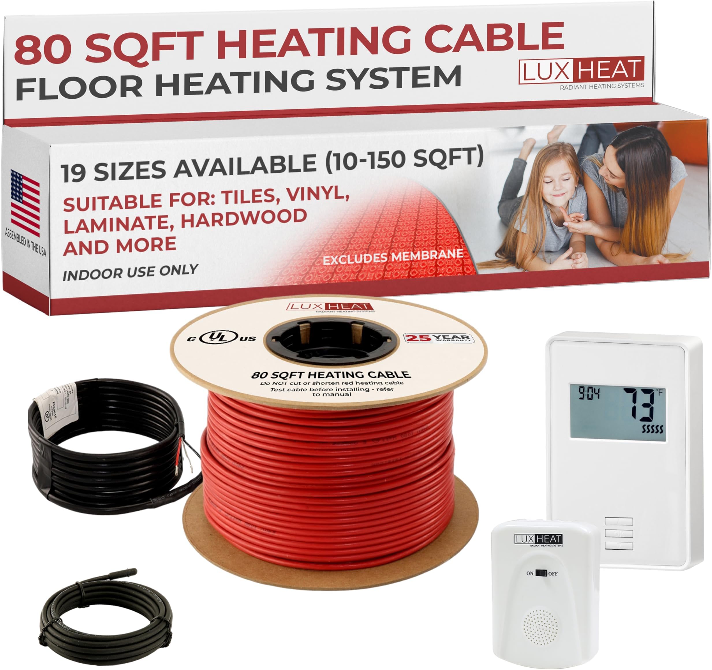 LuxHeat 80sqft Floor Heating Cable Kit - 120v Heated Flooring System for Tile, Vinyl, Laminate - Includes UTN4 Non-Programmable Thermostat w/GFCI, Under Floor Heating Cable, Alarm & Flooring Sensor