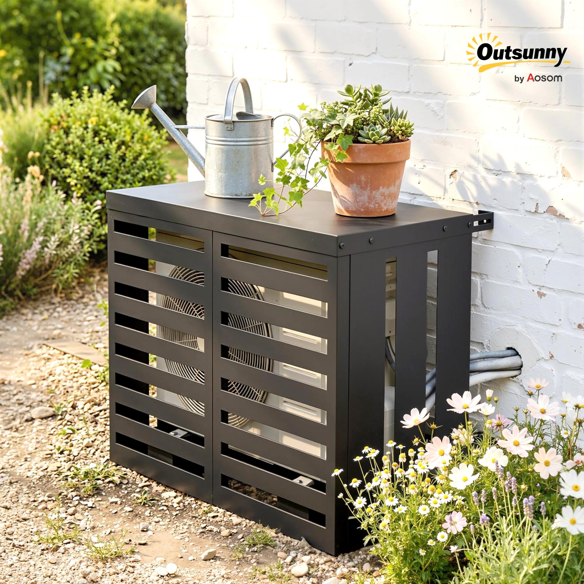 Outsunny Copertura per Condizionatore Esterno, Copri Condizionatore da Esterno in Acciaio Zincato, Recinzione con Doghe per Giardino, Grigio Scuro