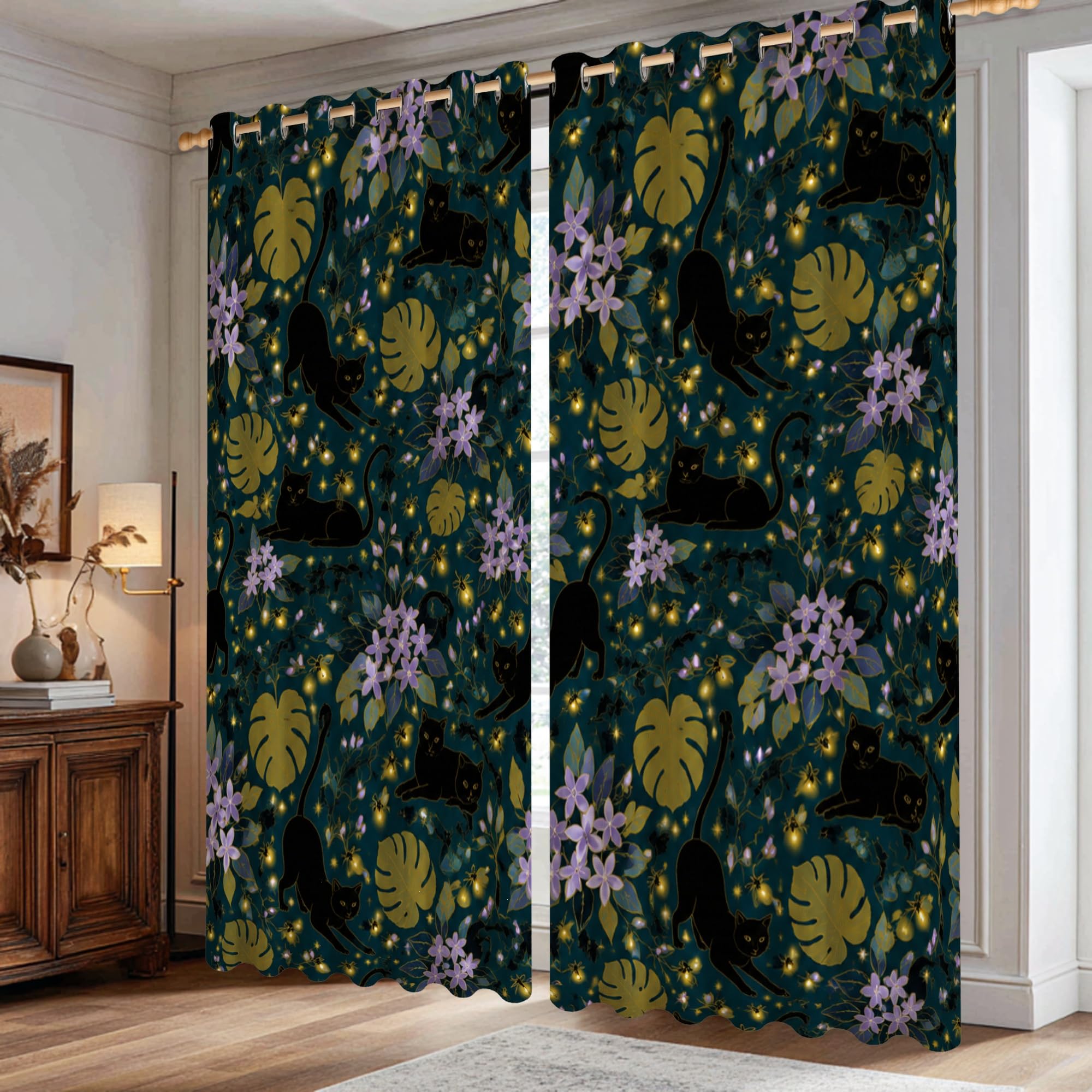 Rideaux occultants thermiques anti-lumière et froid motif chat feuille pour chambre salon