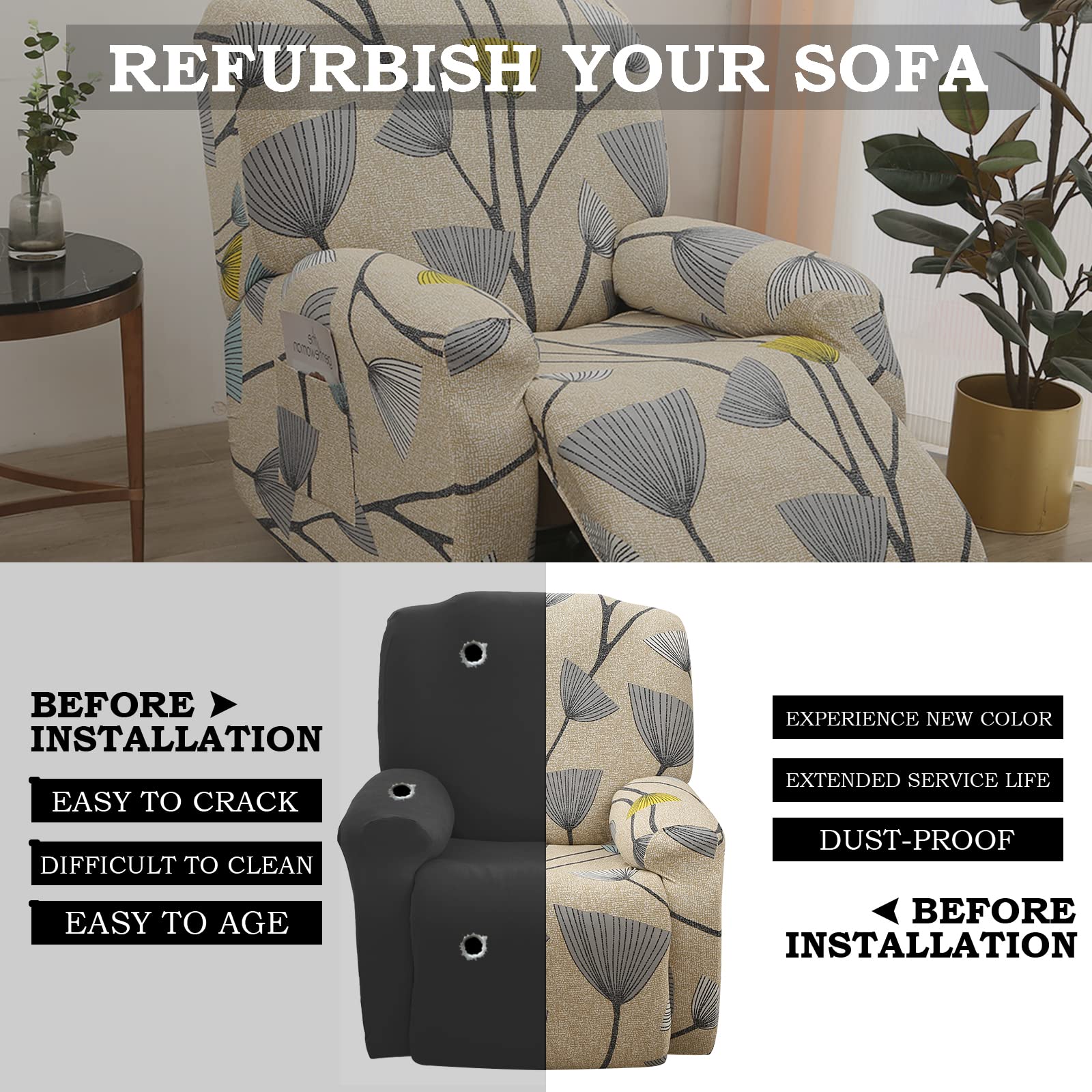 Lydevo Copripoltrona Relax Reclinabile Universale, 1 Posto Reclinabile con Tasche, Elasticizzato Lavabile Rimovibile, Fodere Poltrona Relax, Foglie Beige