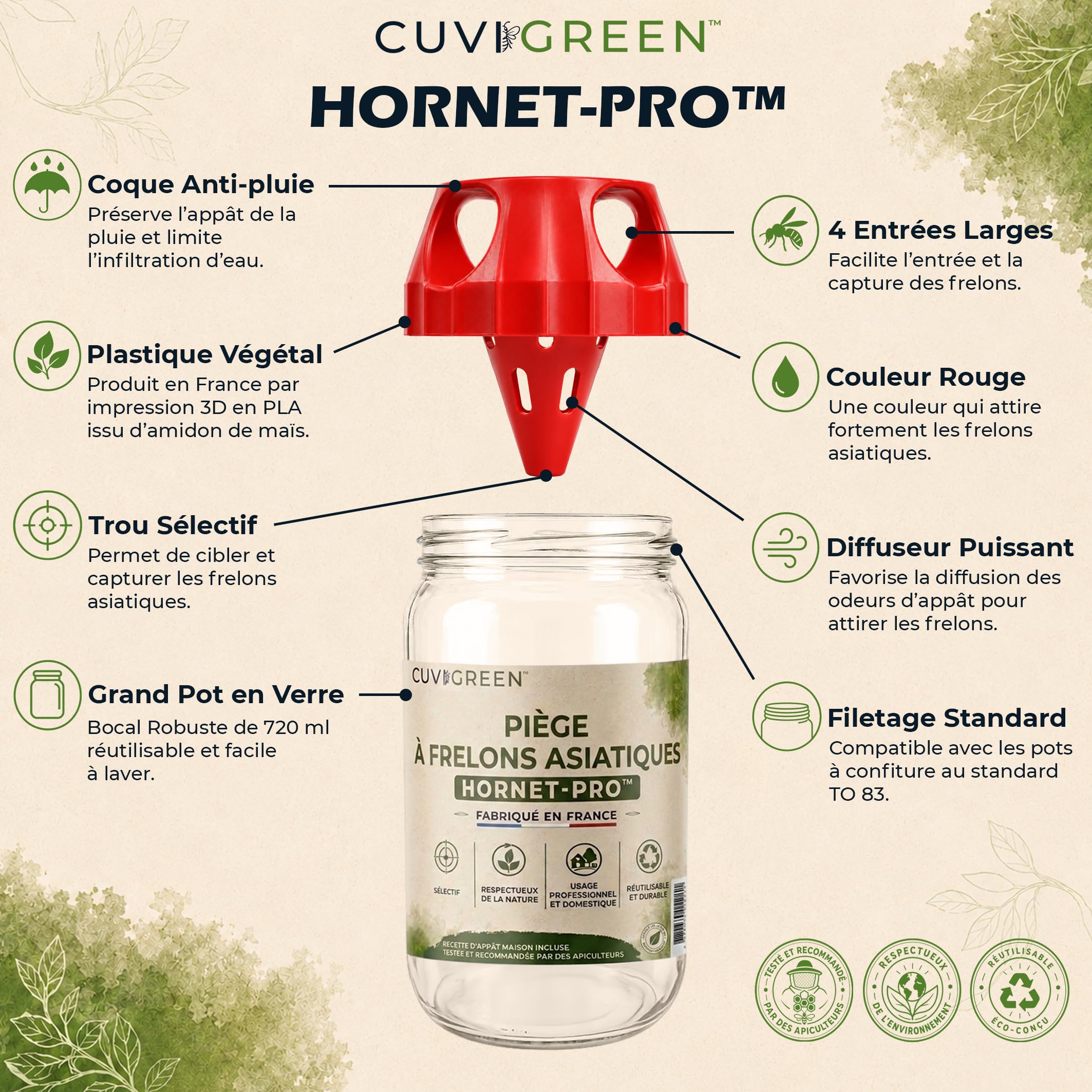 HORNET-PRO™ Azjatycka pułapka na osy, szklana, ekologiczna, selektywna i wielokrotnego użytku, do ogrodów i uli, wyprodukowana we Francji, Cuvigreen™ (x3)