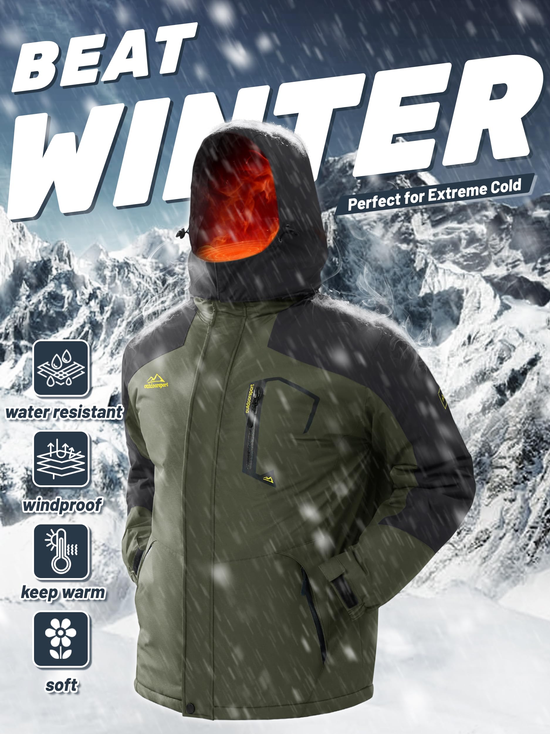 TACVASEN Men's Ski Jacket Windproof Fleece Liner Jacket Winter Snow Hooded Coat, Green, XL 4