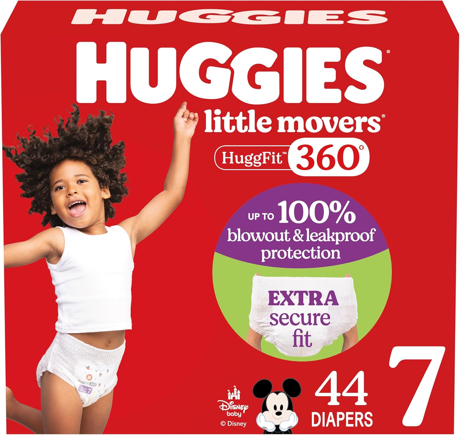 Huggies Size 7 Baby Diapers, Little Movers HuggFit 360° Baby Diapers with 360° Waistband, Size 7 (41+ lbs), 44 Count, Packaging May Vary Size 7 44