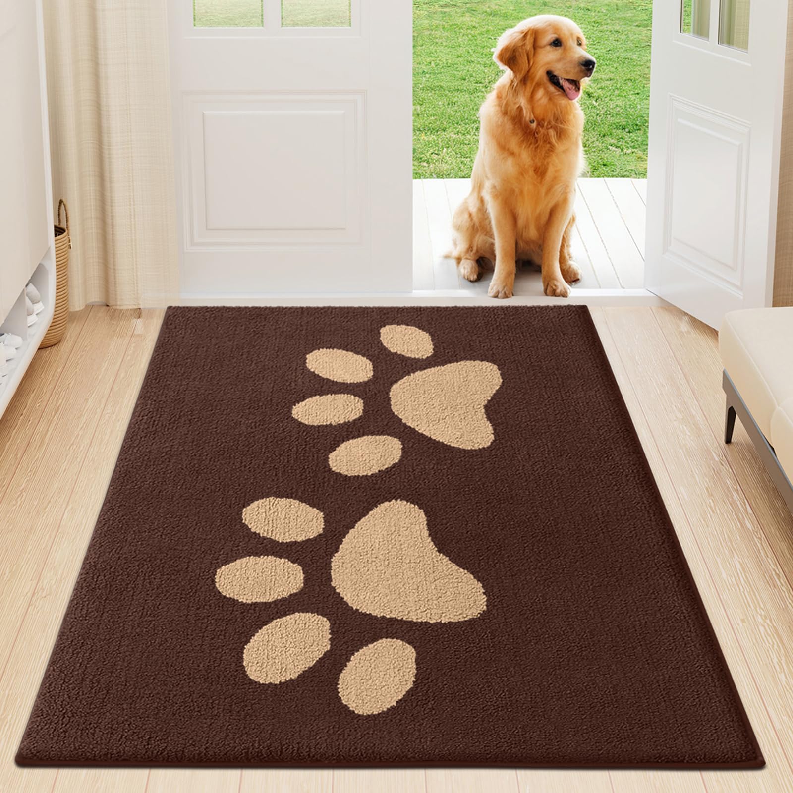 Buganda Dog Door Mat for Muddy Paws, Absorbent Dirt Trapper Washable Indoor Doormats, Non Slip Low-Profile Mud Mat for Dogs, Front Entrance Doormat for Inside Floor (47x32 Inches, Brown)