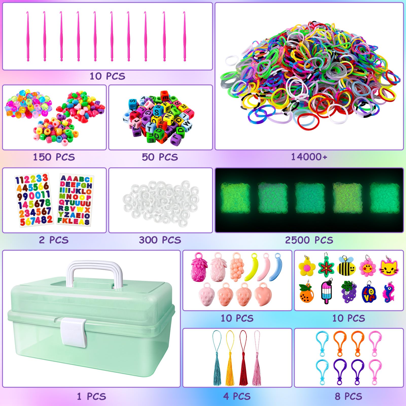 ROSHUKG 14500 Rubber Bands Bracelet Kit, Colorful Loom Bands Making Kit with 3 Layer Container for Girls Boys(Green) - Image 2