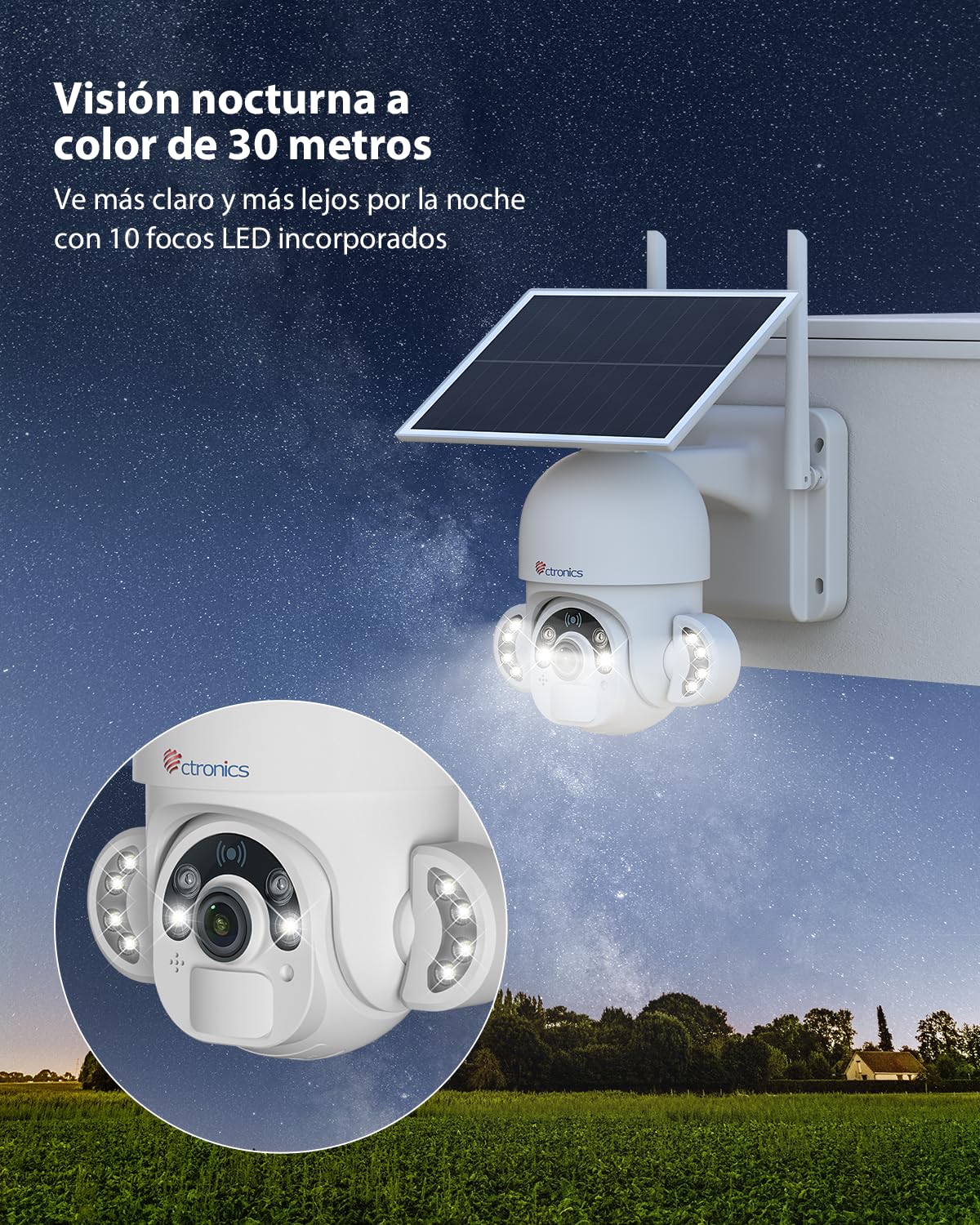 Ctronics Cámara Vigilancia Exterior con Panel Solar 6W, Cámara PTZ 3K 5MP | HD, Detección PIR y Humana, 10 Focos LED, Visión Nocturna en Color, Audio Bidireccional, FTP, Acceso Remoto por PC/Móvil