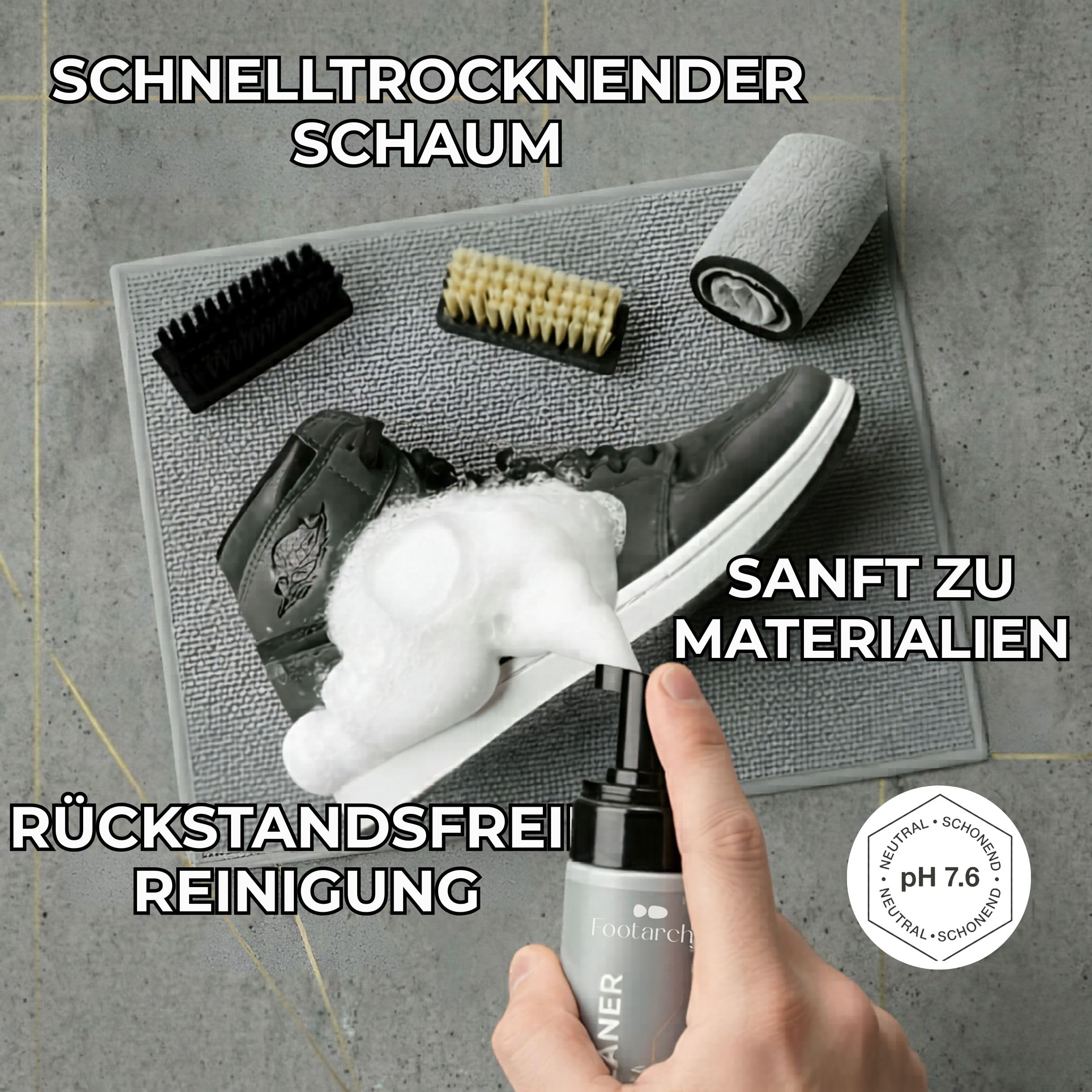 Kit di pulizia professionale - Schiuma 150 ml con 2 spazzole (Soft e Hard) e microfibra a doppia faccia, ideale per pelle gomma plastica e suole - detergente scarpe senza acqua