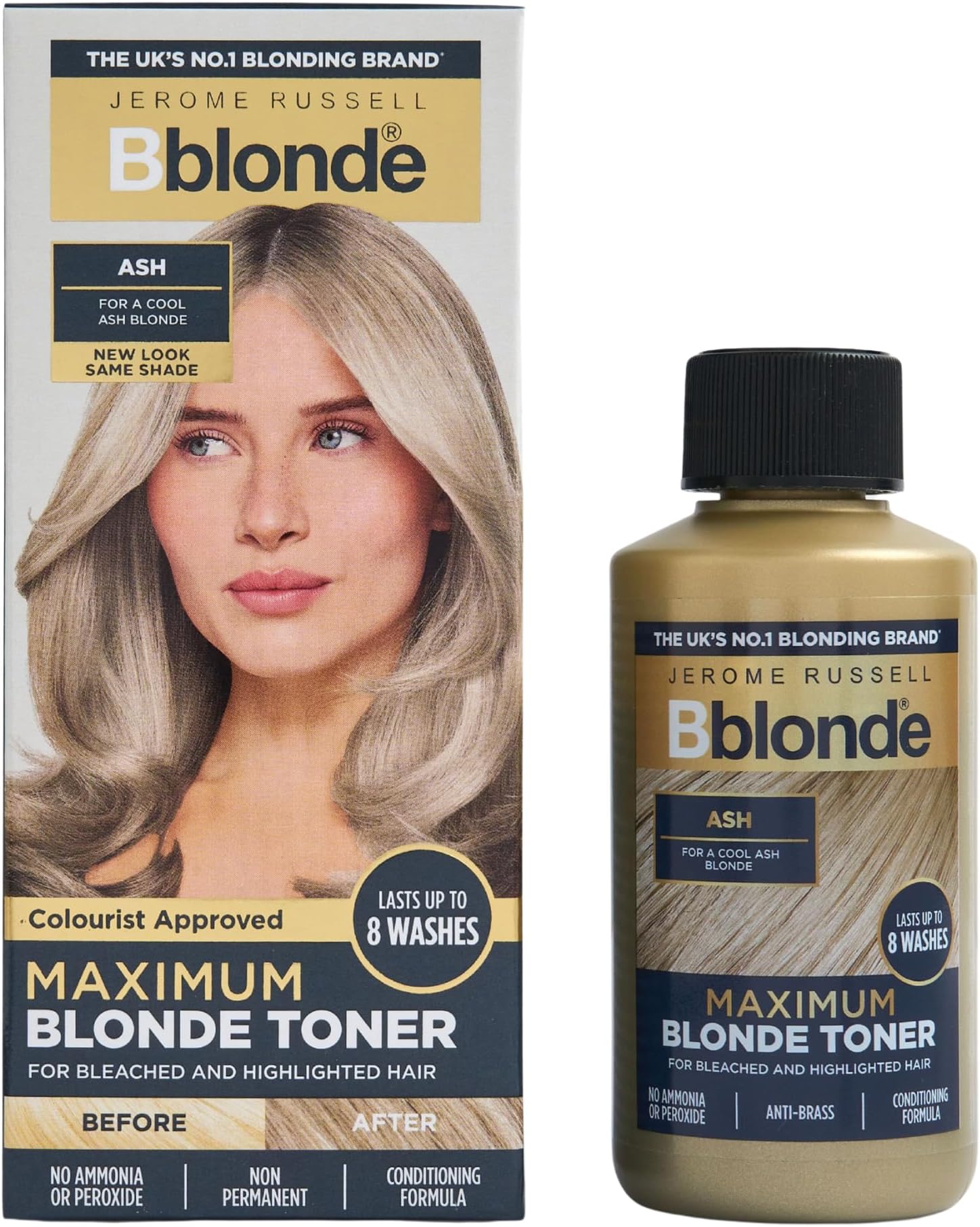 Jerome Russell Bblonde Ash Maximum Blonde Toner – Non-Permanent Hair Toner for Pre-Lightened & Blonde Hair Colour, Ash Hair Dye with No Ammonia or Peroxide, Lasts 8 Washes, 75ml