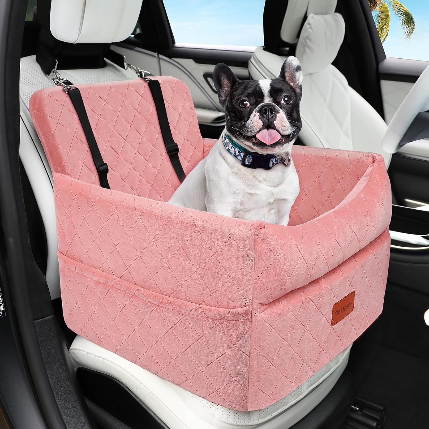 Dog Car Seat for Small Medium Dogs, Memory Foam Puppy Dog Booster Seat with Thick Cushion for Dogs Under 35lbs, Detachable Washable Pet Car Seat Travel Bed with Storage Pockets,2 Safety Belts Pink