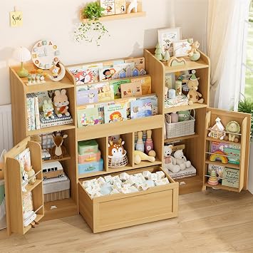 FOTOSOK Toy Storage Organizer with 2 Doors and Movable Drawer, 55.2 W Toy Organizers and Storage with 9 Cubbies, Kids Bookshelf with Toy Shelf, Playroom Storage Toy Chest Cabinet for Playroom