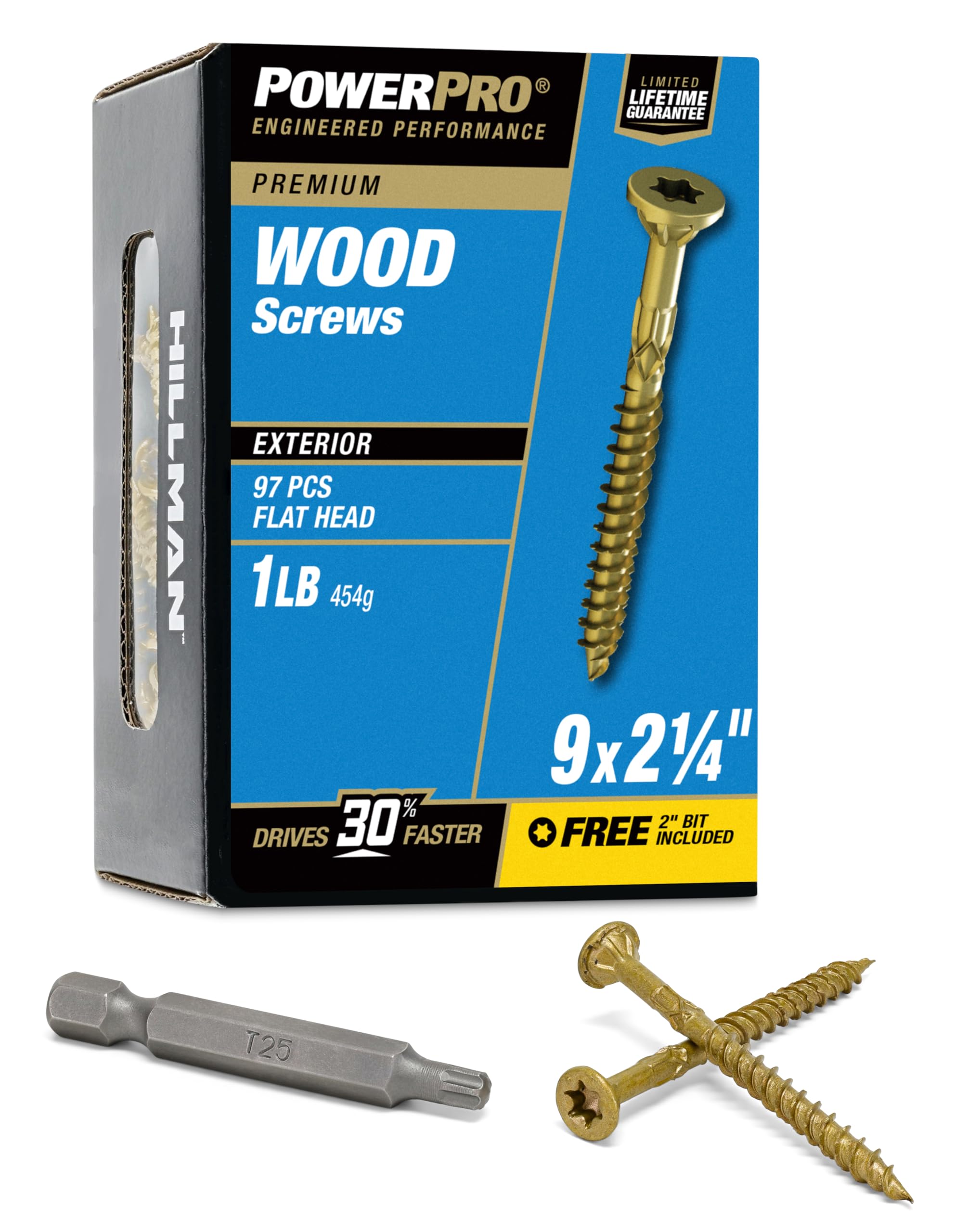 Power Pro 48598 Wood Screws, #9 x 2-1/4", Premium Outdoor Deck Screws, Rust Resistant, Epoxy Coated Bronze, 1lb Box, 113 pcs