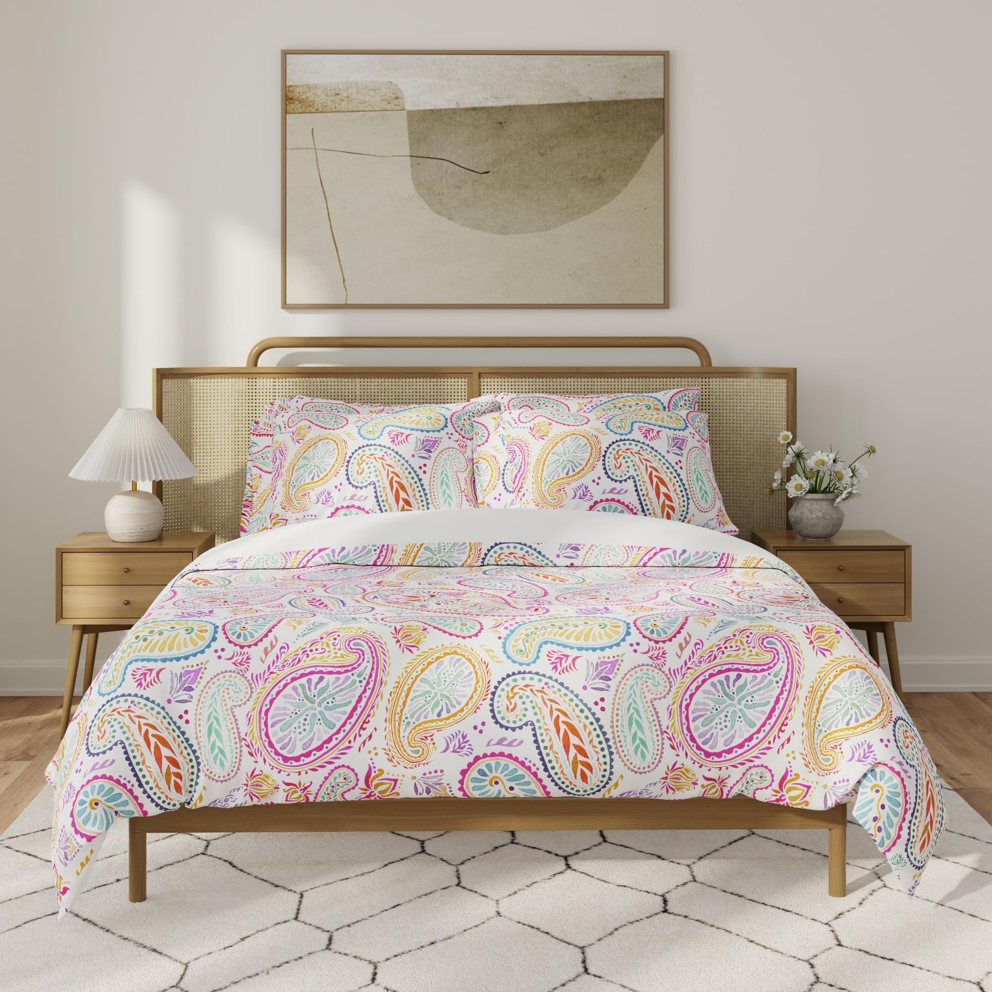 QuickZip Duvet Cover with Zipper Closure – Ultra Soft Long-Staple 100% Cotton, Oeko-Tex Certified, Durable Interior Corner Ties, Corner Clips, King/Cal King, Reversible Paisley/White (Sateen)