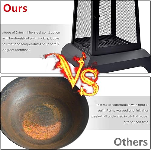 Miniatura 6 de Fogatas grandes de leña de 44 pulgadas de alto, hogueras de acero estilo pagoda al aire libre, con pantalla de chispa de malla, hogueras modernas