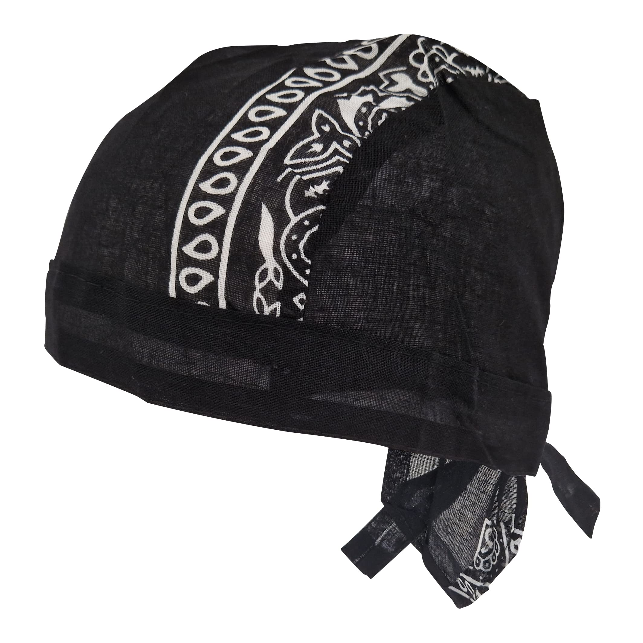 Komonee Men's Black Paisley Zandana Tie Bandana Style Fitted Skull Cap Biker Durag Cotton Breathable Sports Hat
