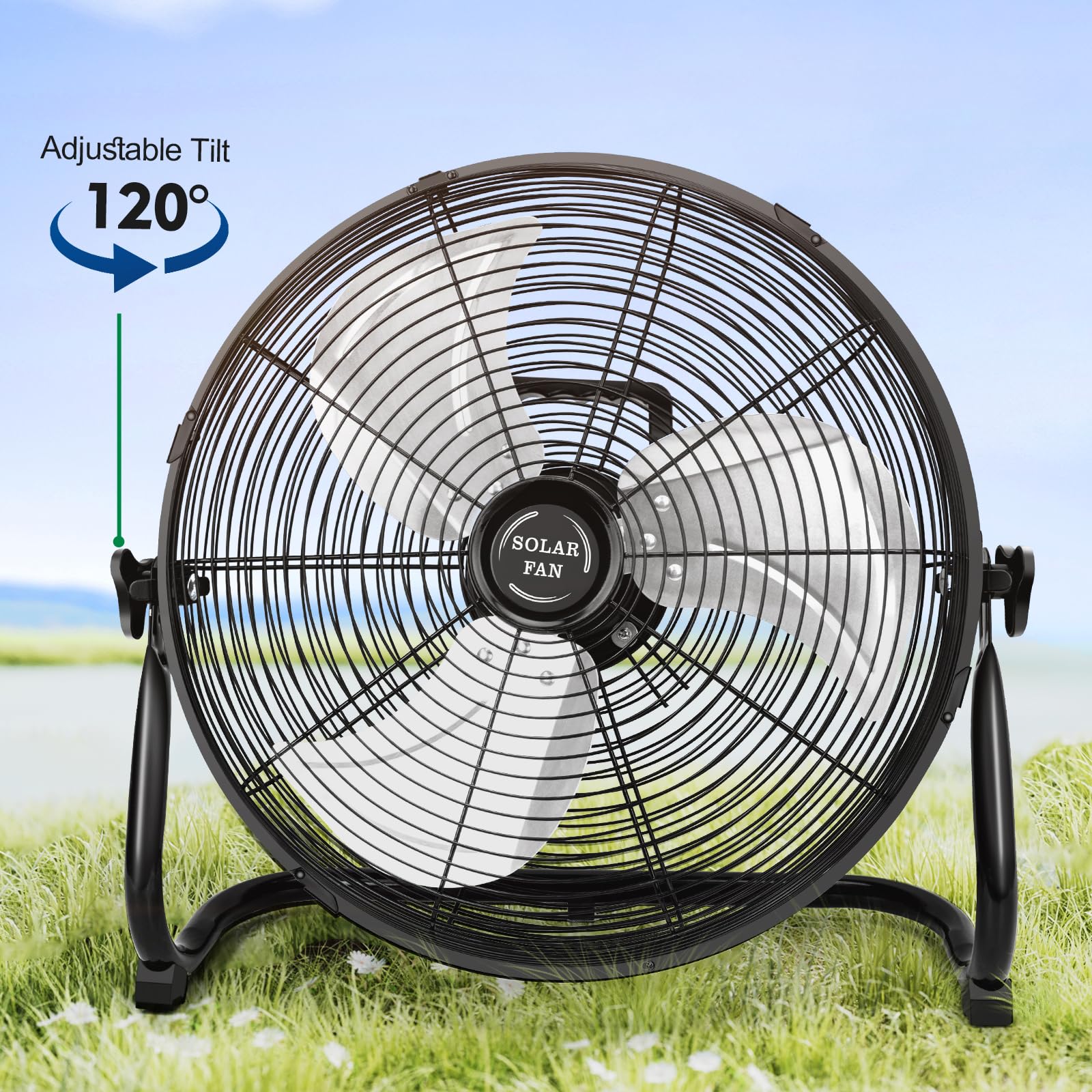 Ventilatore a energia solare da 40,6 cm con pannello solare da 30 W, portatile da 20000 mAh, a batteria, per campeggio, casa, patio, cantiere, velocità continua, struttura in metallo e lame in