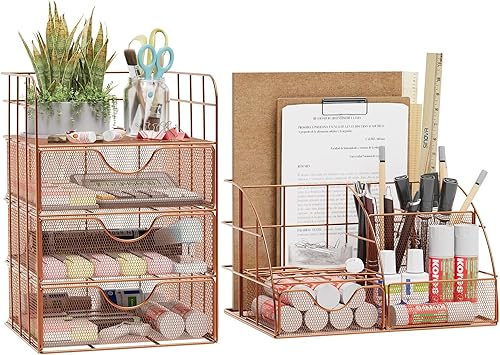 Organizador de escritorio y soporte para bolígrafos, 2 piezas de metal organizadores de oficina y accesorios con múltiples compartimentos para