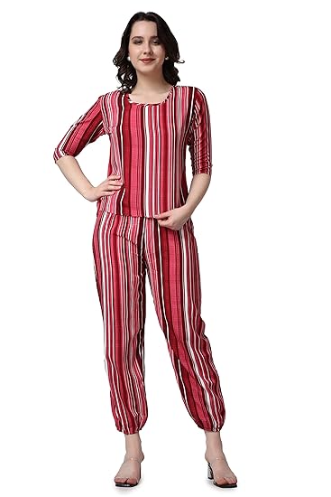 Casual Pink Striped Printed Regular Relaxed Loose Fit Women Top and Jogger Combo Set