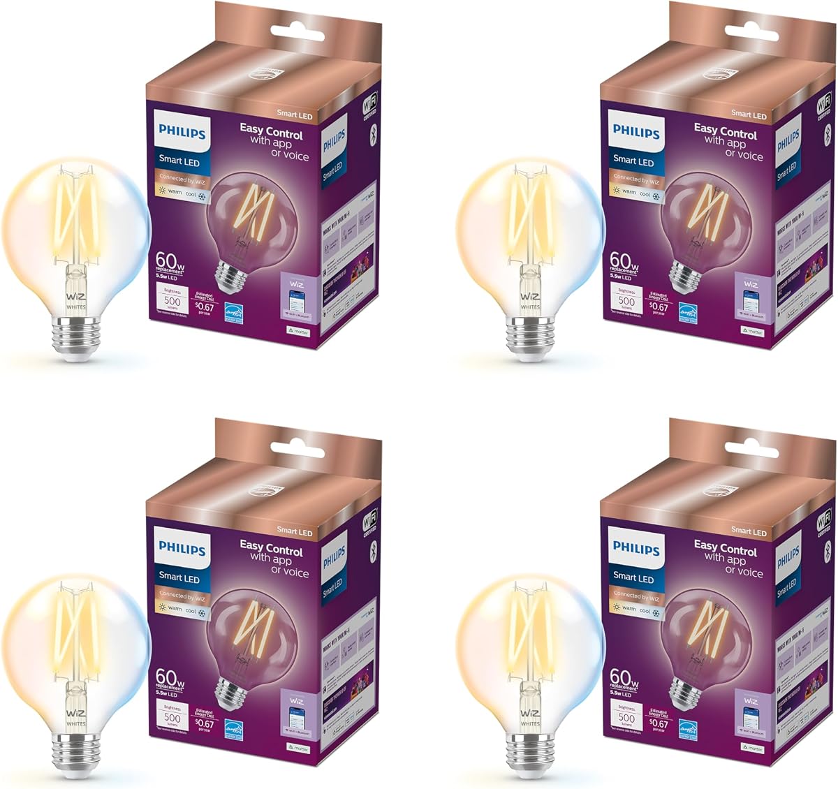 Smart Vintage G25 60W Bombilla inteligente LED de filamento blanco sintonizable Paquete de 4 - E26 Interior - Conéctese a su Wi-Fi - Control con voz o aplicación - Desarrollado por WiZ Connected