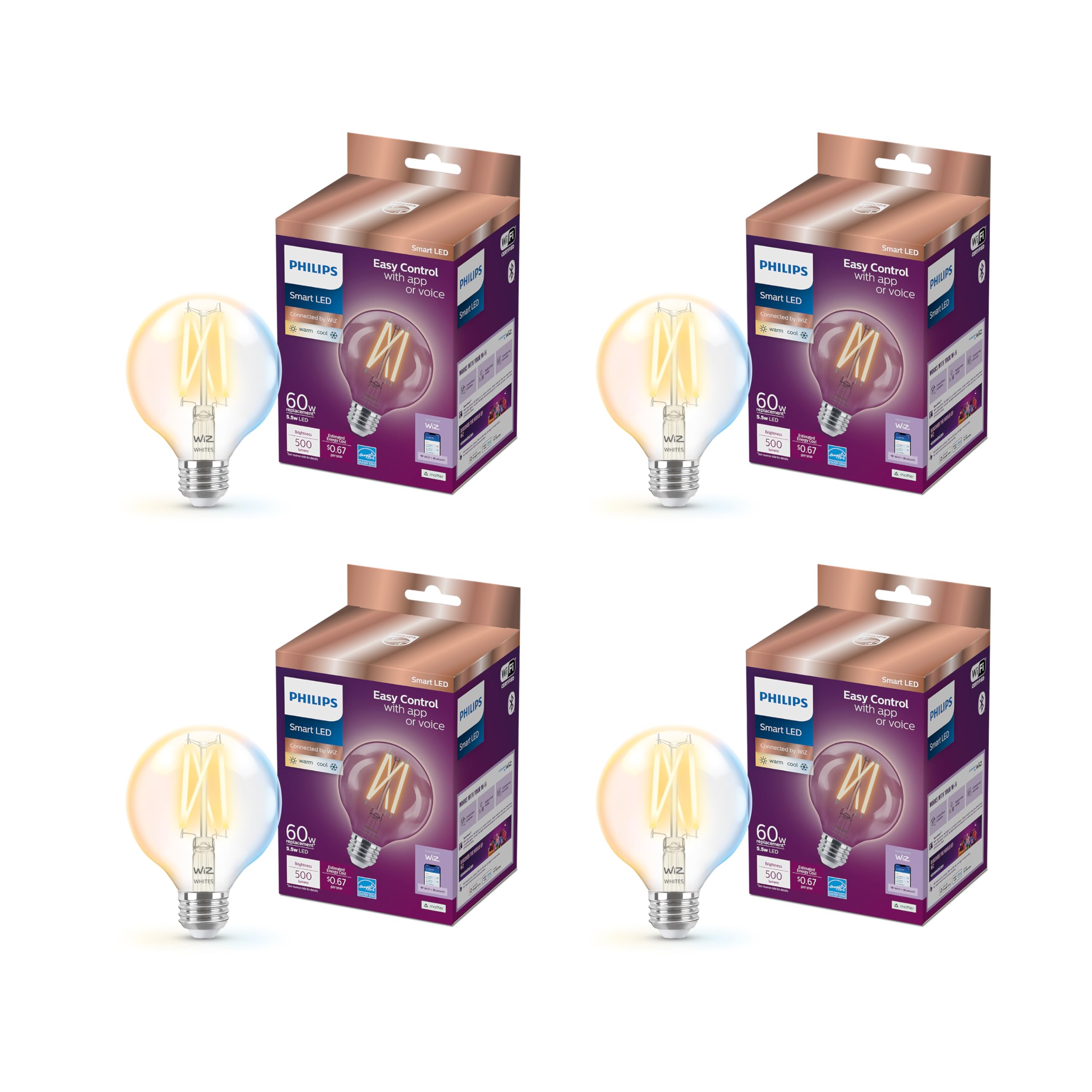 Philips Smart Vintage G25 60W Tunable White Filament LED Smart Bulb 4 Pack - E26 Indoor -Connect to Your Wi-Fi - Control with Voice or App - Powered by WiZ Connected