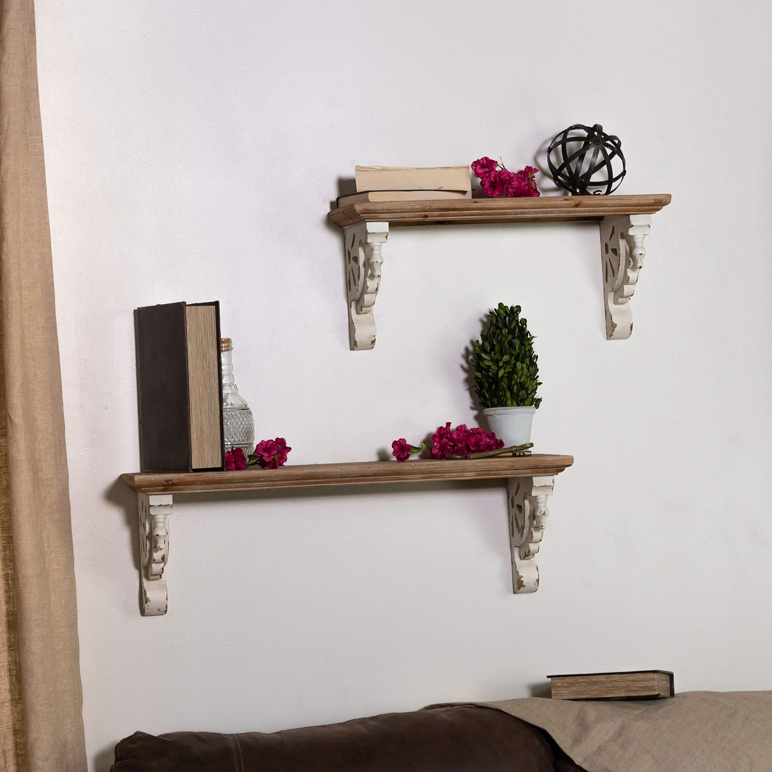 VIPSSCI Set of 2 Wall Mounted Shelves Weathered White and Brown Assorted Sized Decorative Floating Shelf Set