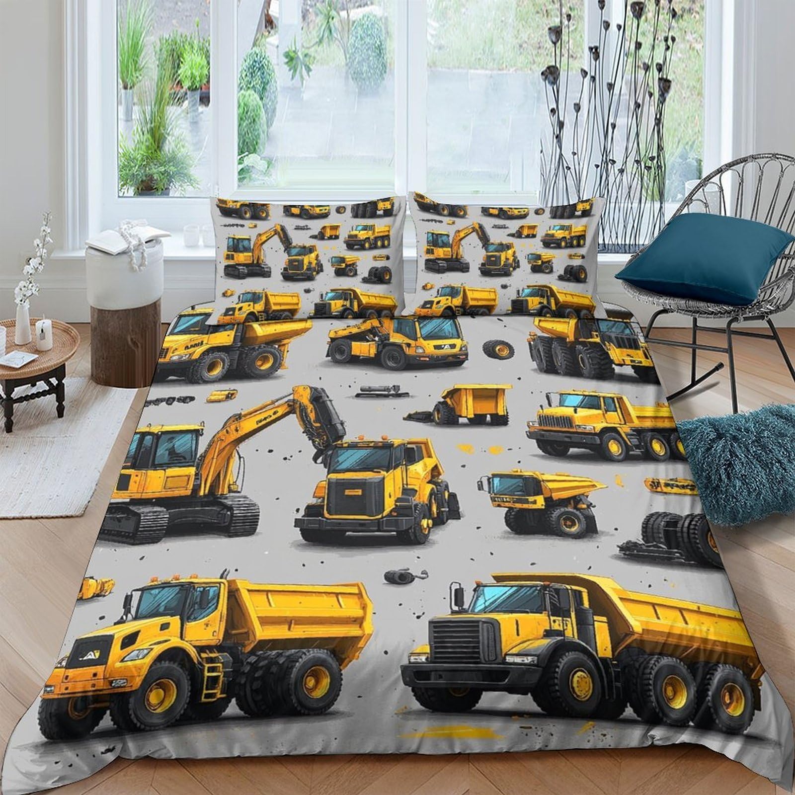 GPLZQXKJNH 3D Printed Construction Vehicles Duvet Cover Microfiber Soft Yellow Truck Bedding Set with 2 Pillowcases for Bedroom Decor Single（135x200cm）