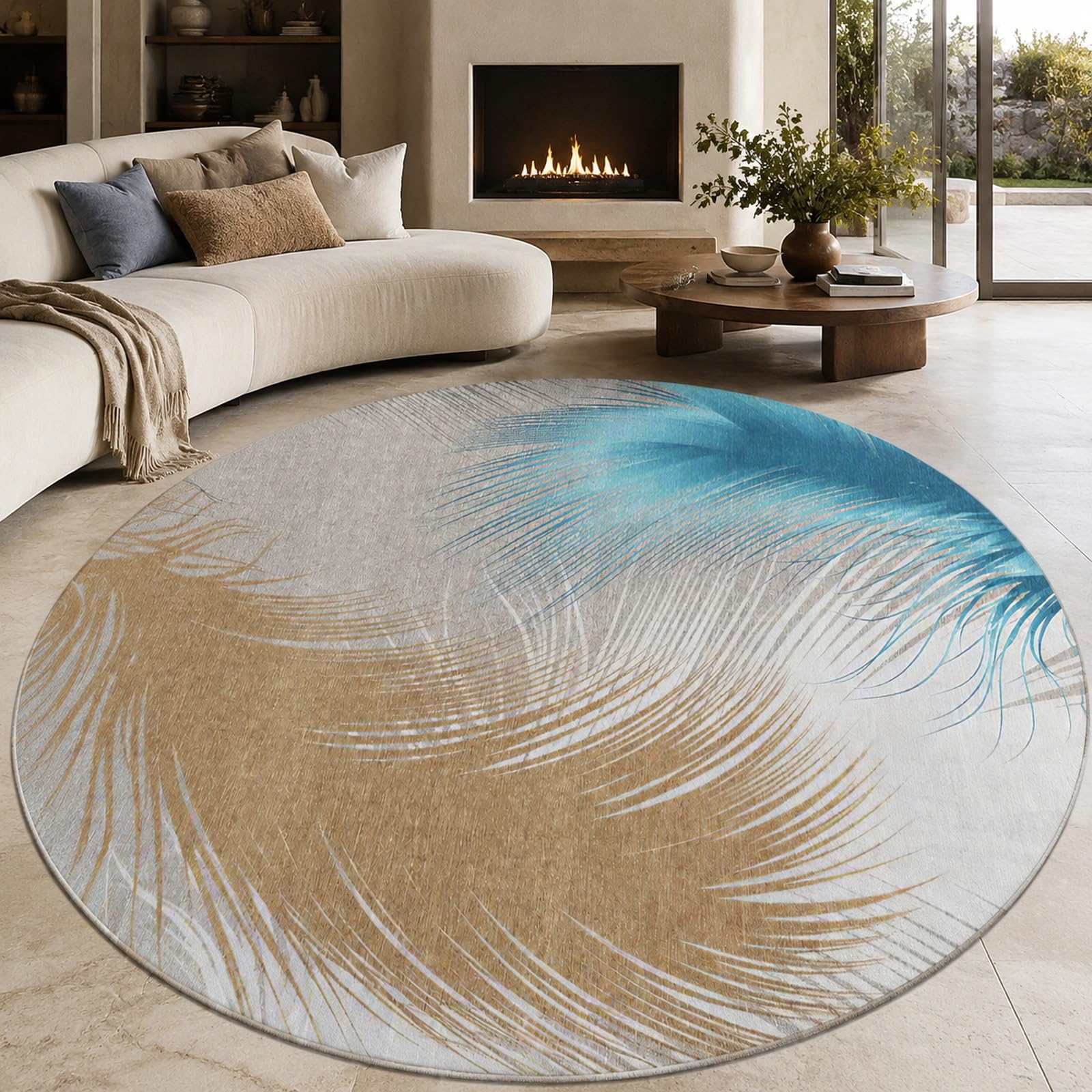 Tapis rond abstrait moderne bleu jaune gris blanc 200 cm balcon terrasse
