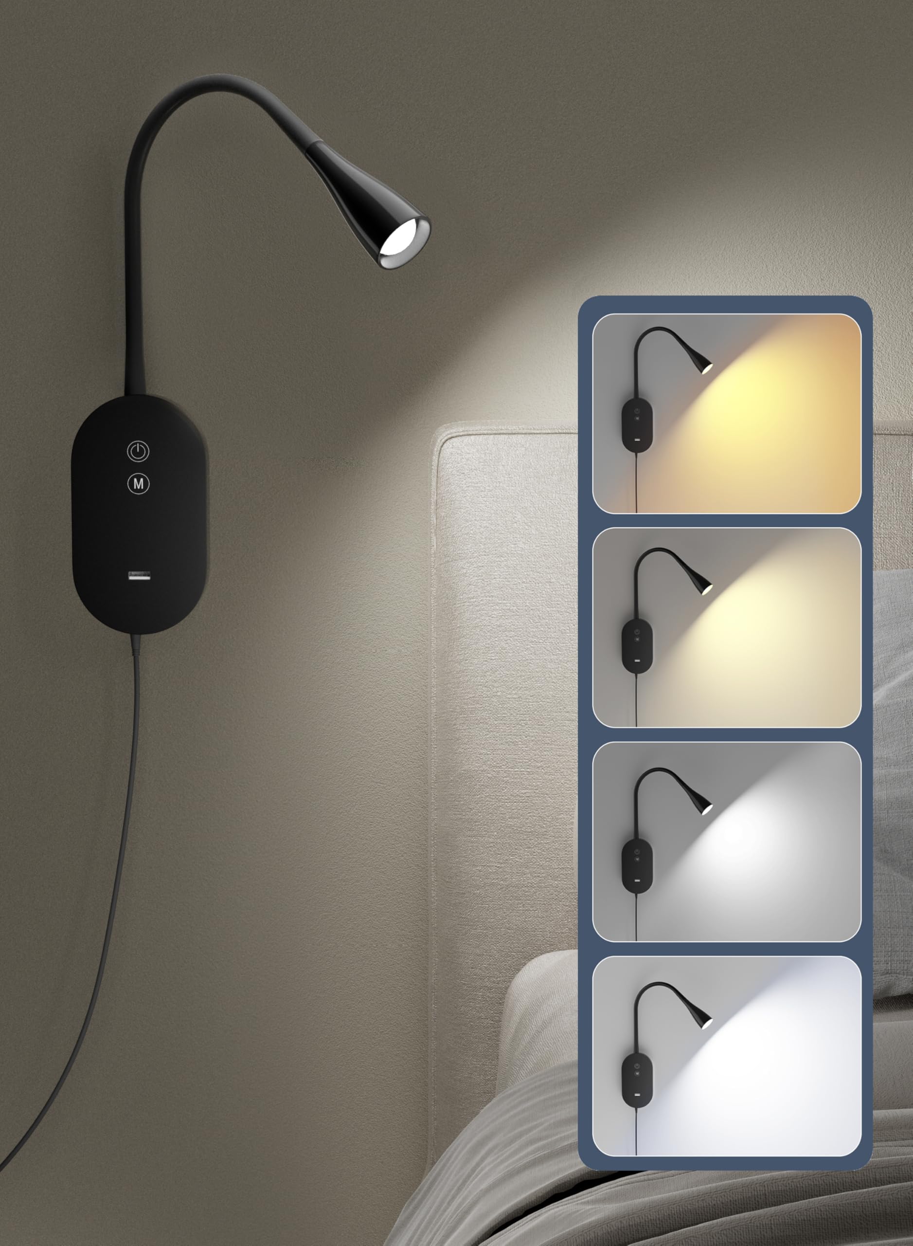 Wandleuchte Leselampe Bett – 4 Farbmodi, 5-stufig dimmbare Leselampe, CRI 95+ natürliches Sonnenlicht, 2A USB-Schnellladeausgang & Speicherfunktion – Schwarz