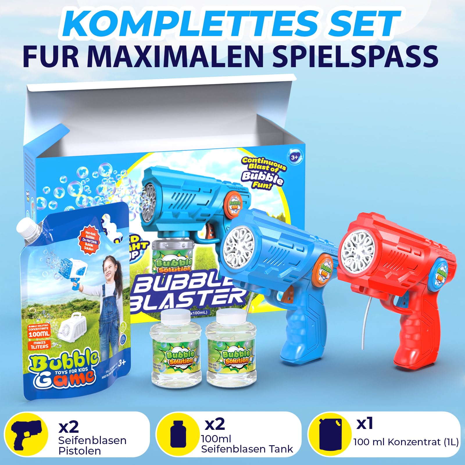 Blubbel Seifenblasenpistole Set 2X - LED Seifenblasenmaschine mit 1L Seifenblasenflüssigkeit, Seifenblasen Pistolen - Blasen Kanone - Party Bubble Gun - Geschenke für Kinder - Hochzeit