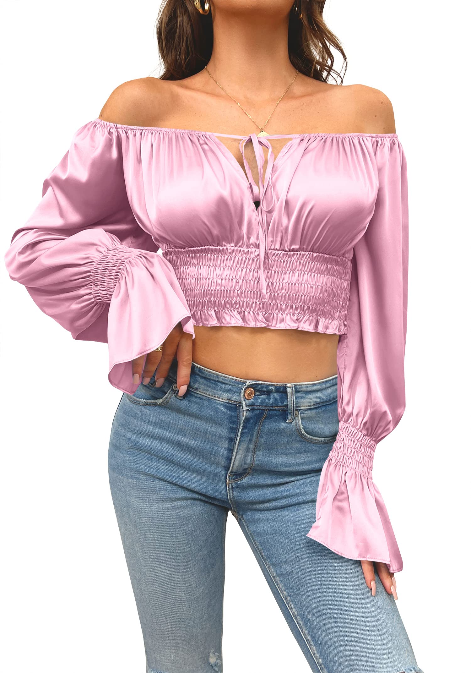 imesrun Womens Satin Off Shoulder Long Sleeve Crop Tops Cute Tie Front