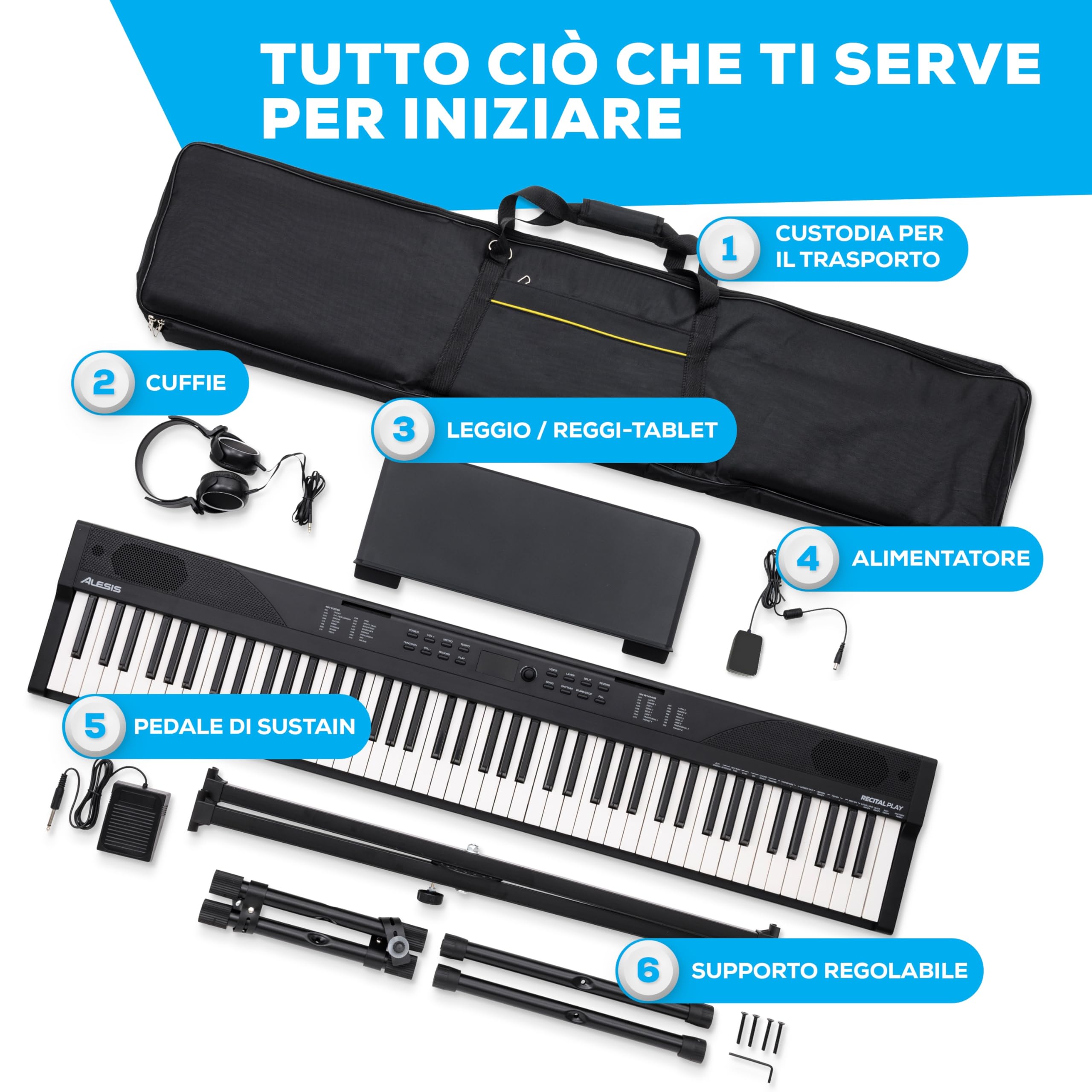 Alesis Pianoforte Digitale 88 Tasti, 480 Suoni, USB MIDI, Custodia, Cuffie, Pedale