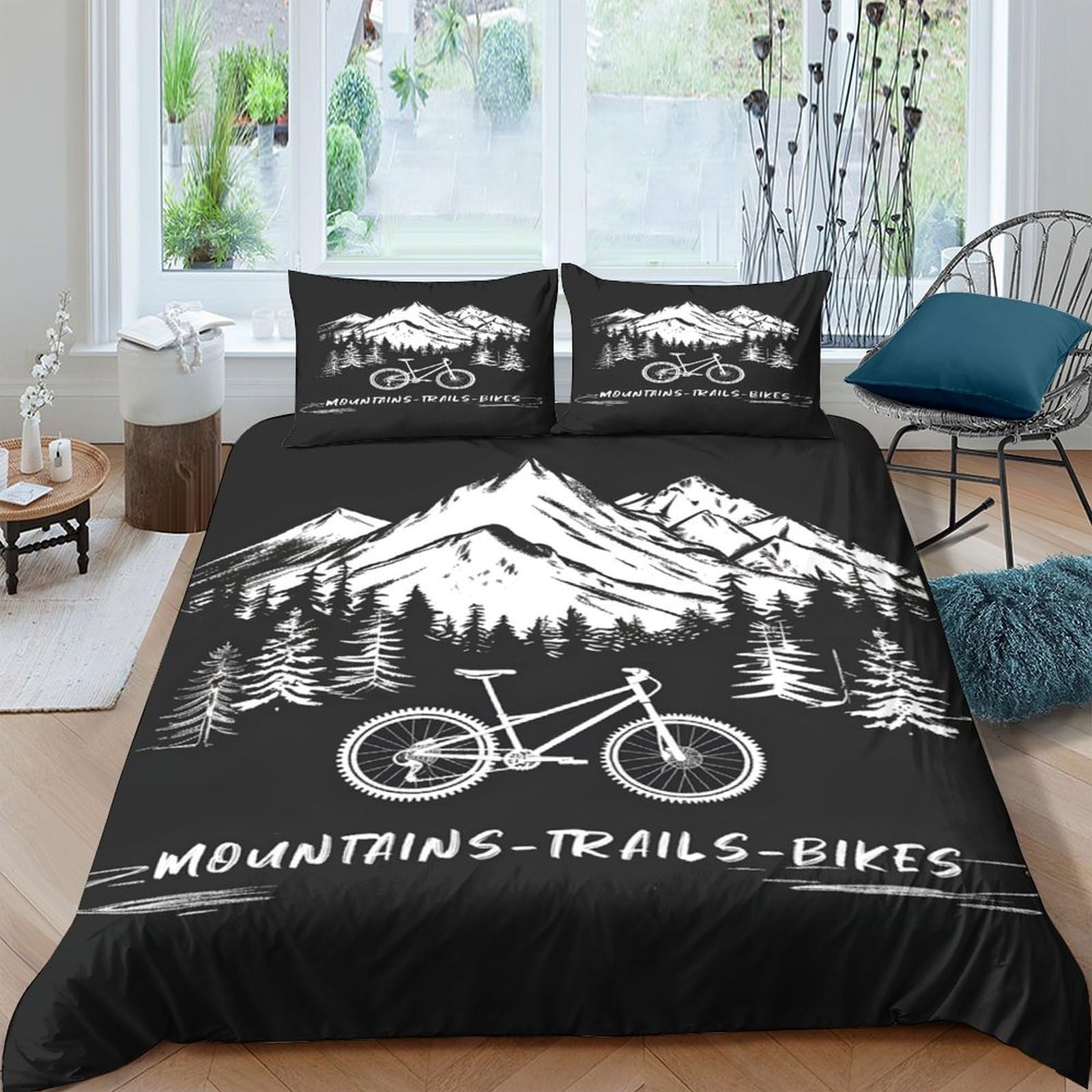 Ctjqhvkz Style-10 3D Printed Mountain Trail Fitted Sheet Microfiber Black White Bike Bed Cover Anti-Slip Washable For Bedroom Guest Room Decor Single（135X200cm）