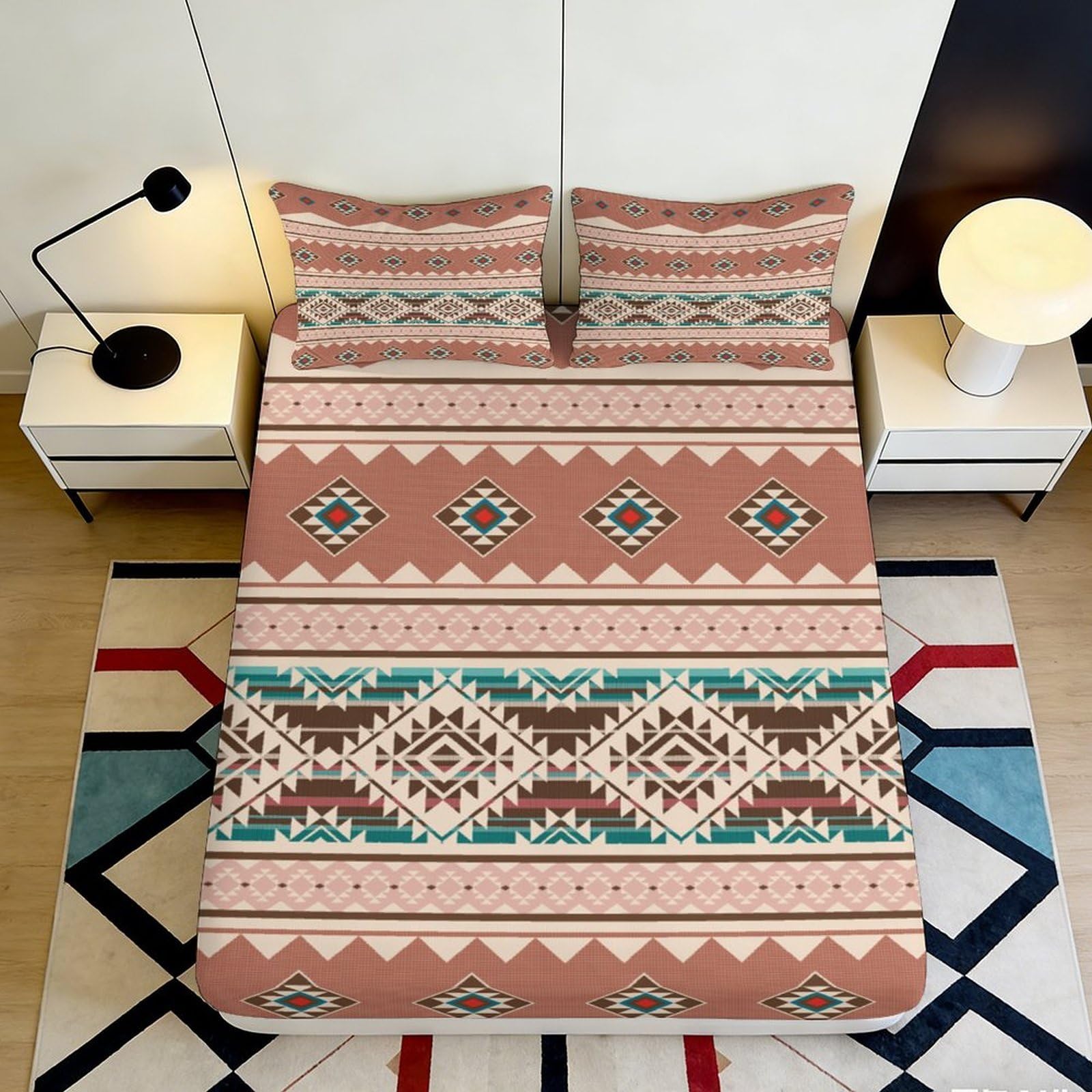 3D Printed Tribal Aztec Pattern Fitted Sheet Microfiber Soft Breathable Geometric Ethnic Bed Cover for Bedroom Guest Room Decor 90x200x25cm