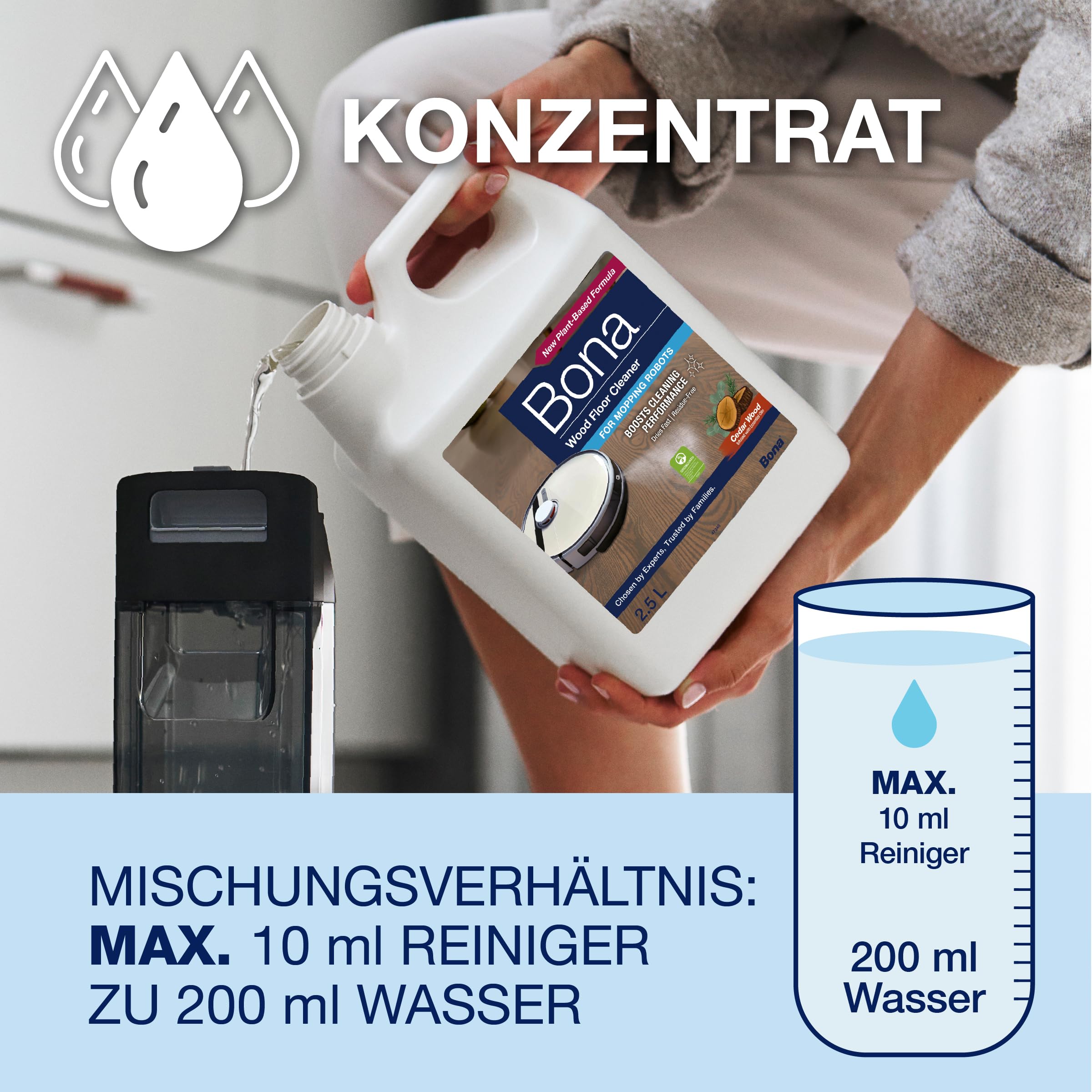 Bona Wischroboter Reinigungsmittel Bodenreiniger 2,5 L Parkettreiniger | Wischroboter & Saugroboter, Nass- & Trockensauger, Holzboden Konzentrat, Saugwischer Reinigungsmittel, Zedernholz-Duft