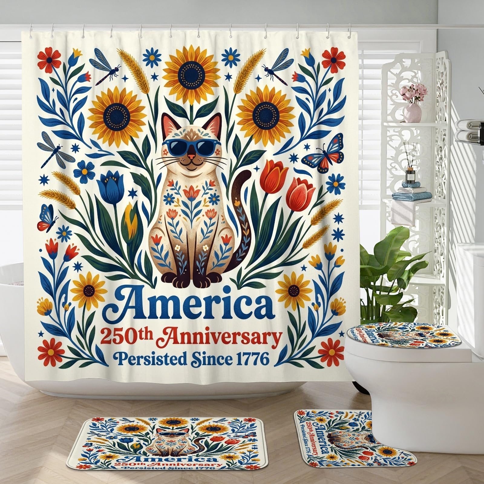 Tapis de salle de bain chat siamois floral avec contour WC assorti