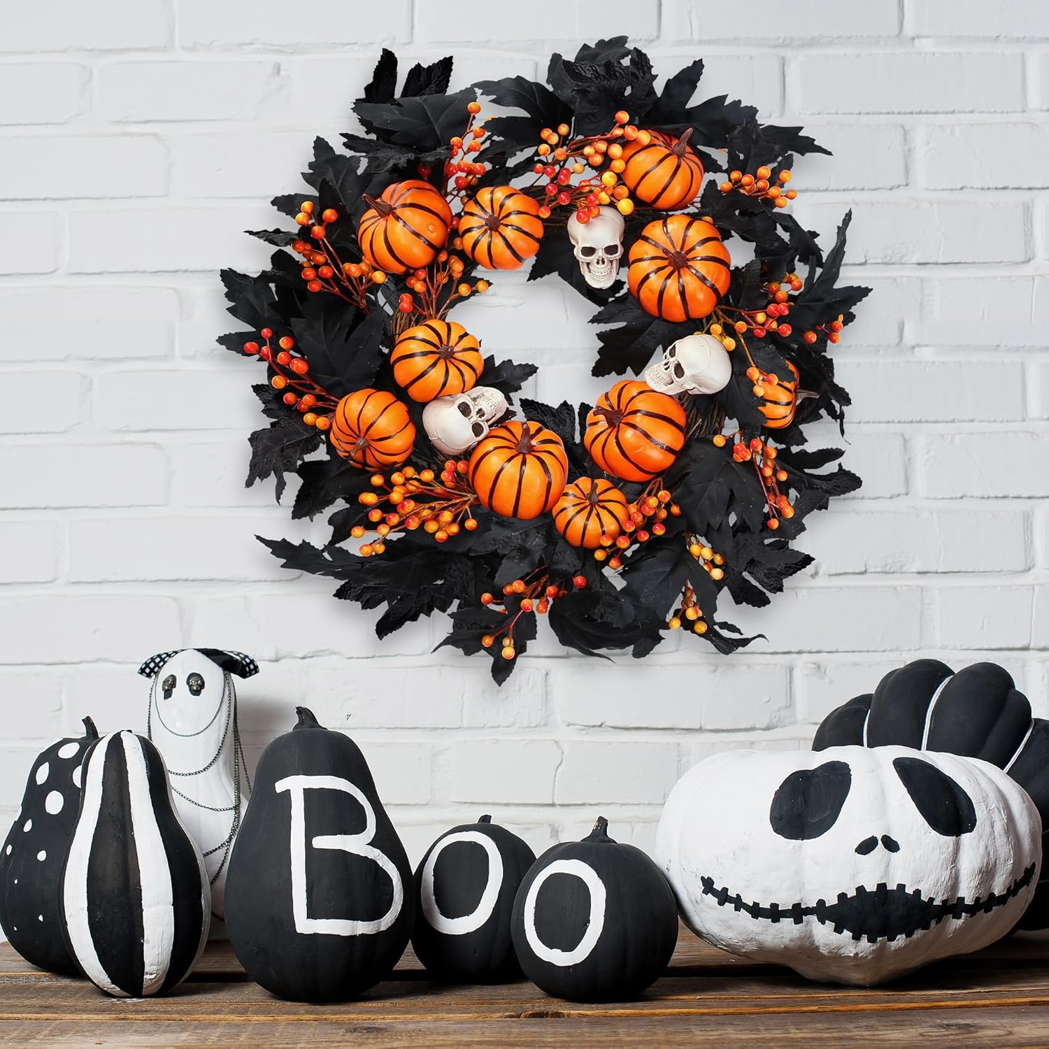 Sggvecsy Halloween Wreath with Artificial Pumpkin Handmade Black Maple Leave Skull Pumpkin Orange Berries 20''Front Door Decorations for Indoor Outdoor Home Halloween Festival Decoration